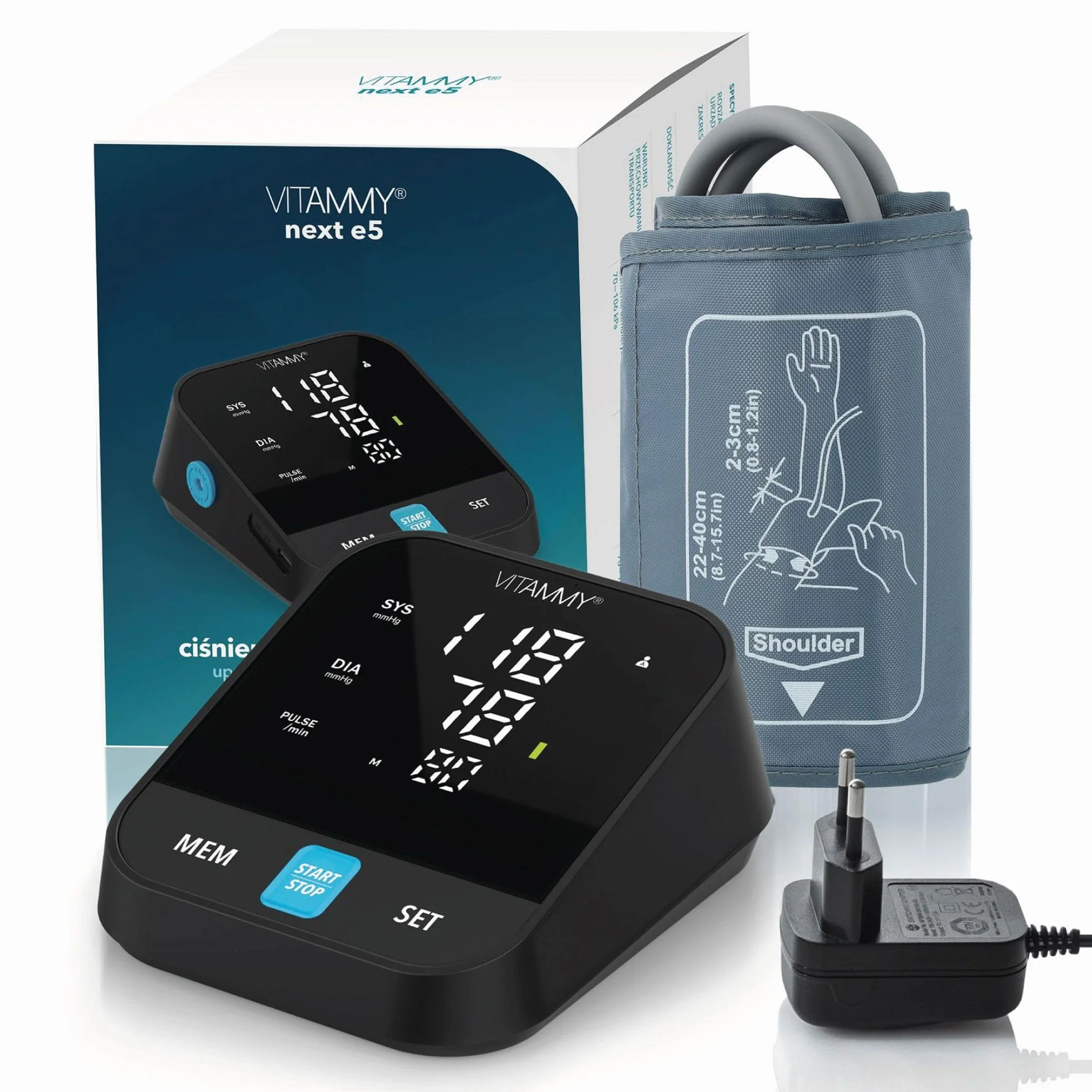 VITAMMY Next e5 Ciśnieniomierz naramienny, czarny, z komunikatami głosowymi po polsku, mankiet 22-40 cm, zasilanie USB-C/baterie AA, z etui, wyświetlacz LCD