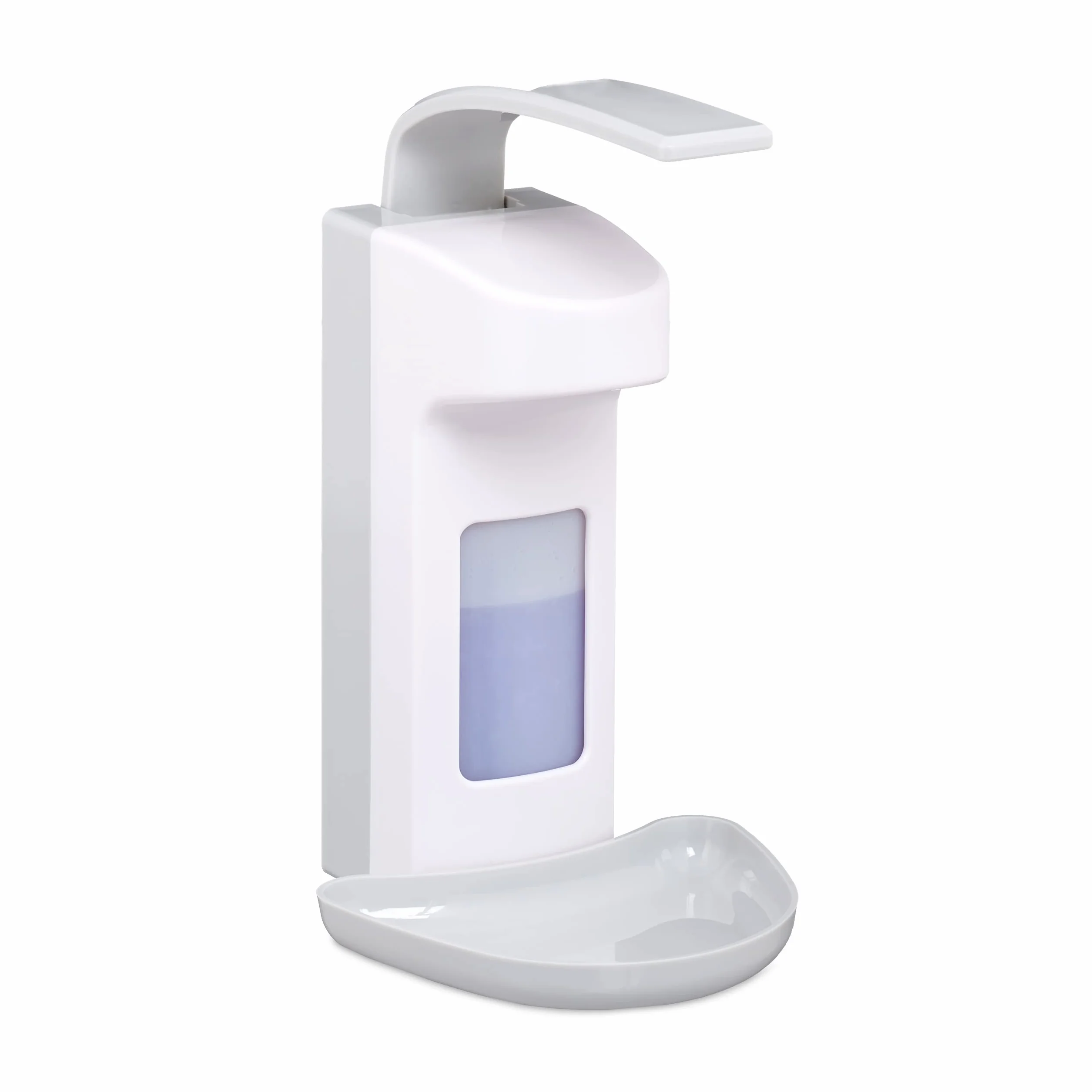 Relaxdays Dozownik do dezynfekcji z tacką ociekową, higieniczny pojemnik ścienny, środek dezynfekujący, dźwignia ramienia, 500 ml, ABS, biało-szary, 1 opakowanie