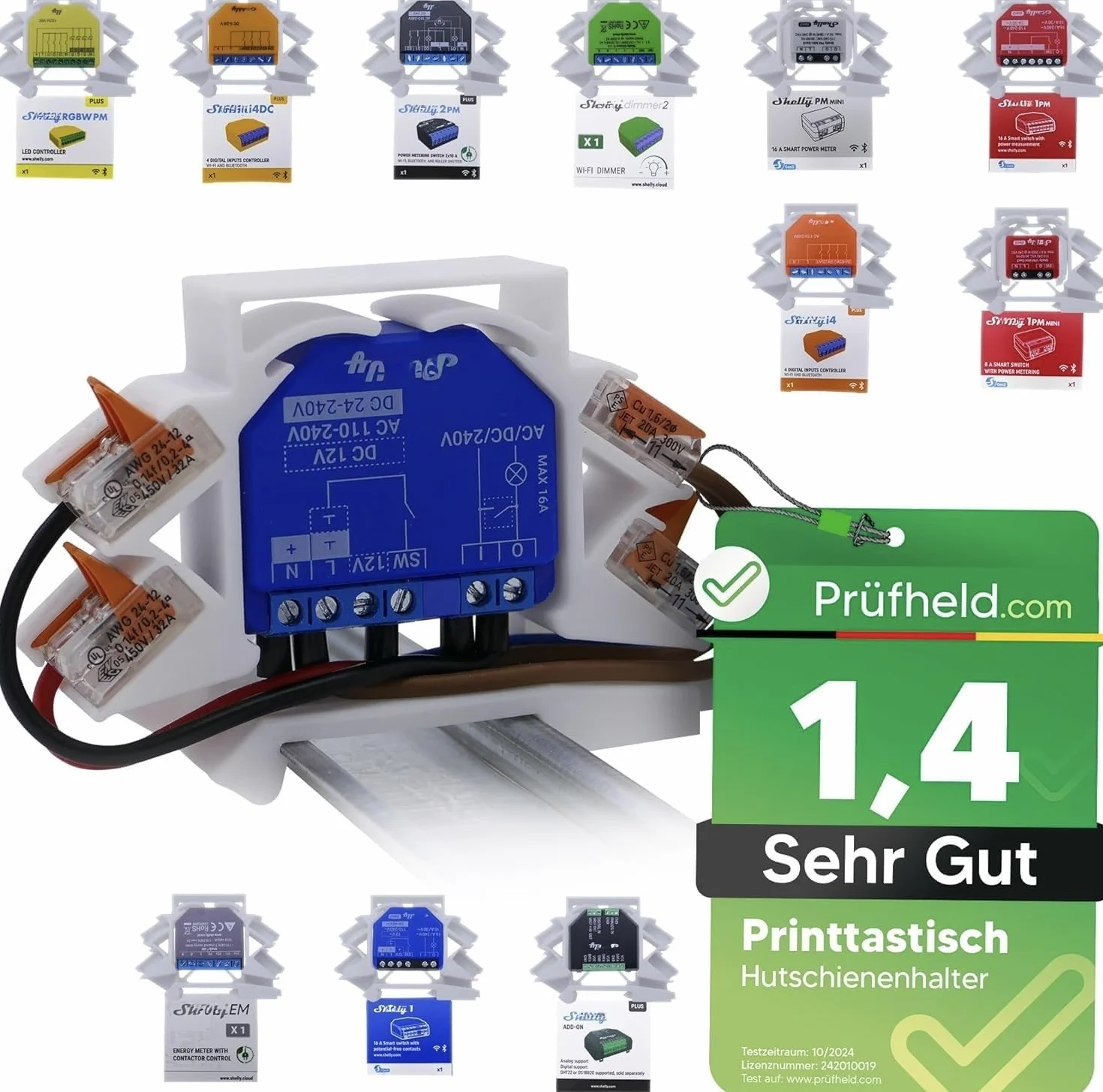 Kompatybilny uchwyt szynowy dla Shelly Relay, 1 Mini Gen3, 1PM, 1PM Mini Gen3, 2PM, 2.5, RGBW2, PM, Plus i4 DC, Dimmer 2, szyna, szyna DIN, zastosowanie Wago, 4 sztuki