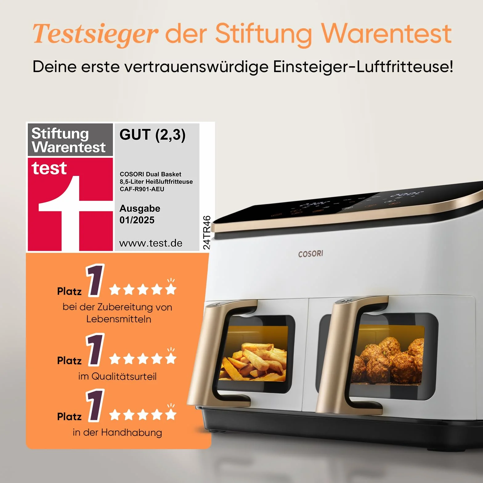 COSORI Frytkownica na gorące powietrze, 2 komory, zwycięzca testu Stiftung Warentest, 8,5 l, Airfryer 6 w 1, z okienkiem, kremowo-biała