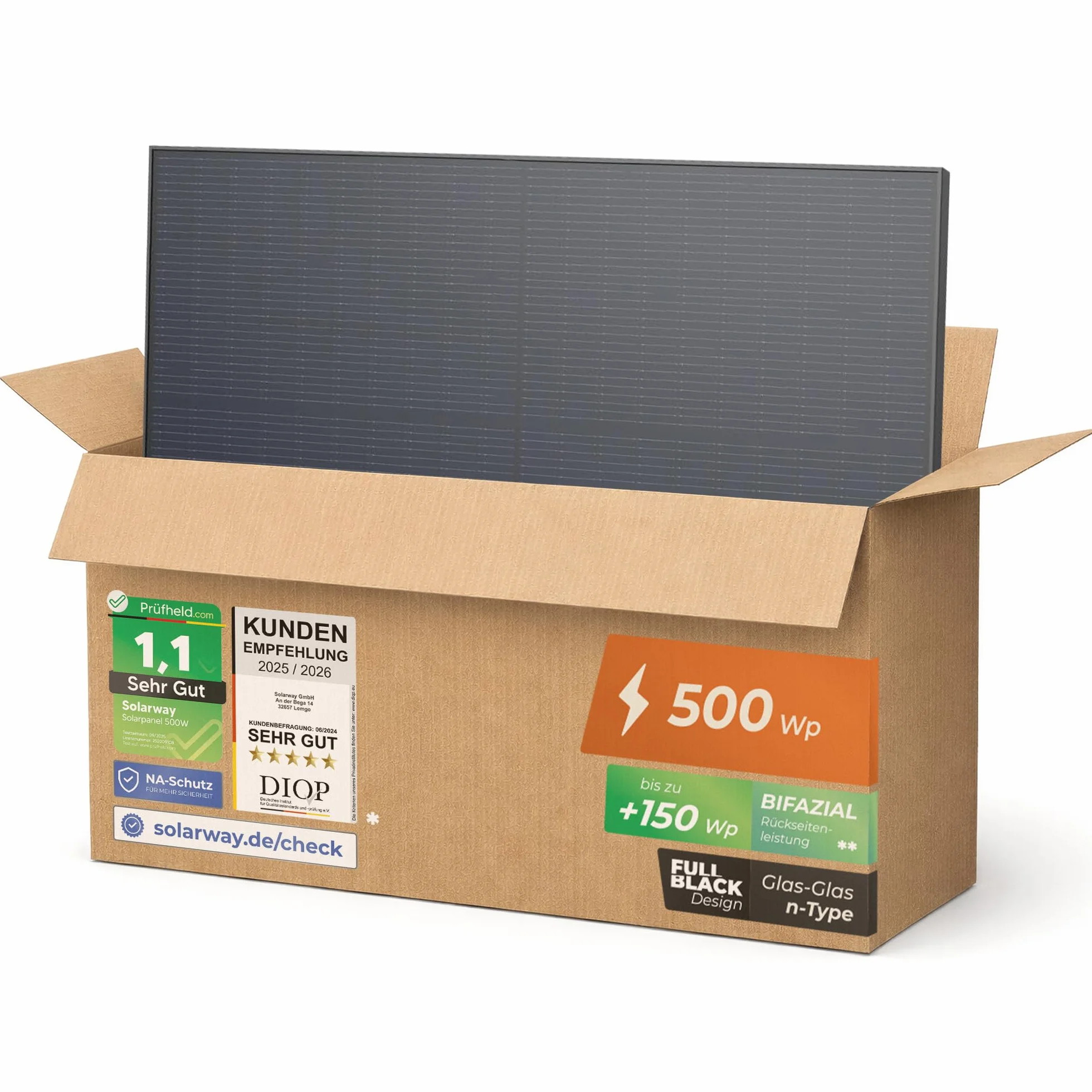 Solarway Panel słoneczny 500 W, Full Black, dwufazowy, szklany/szklany panel PV z pozytywną tolerancją mocy 0-5 W, typ N, odpowiedni do elektrowni balkonowych