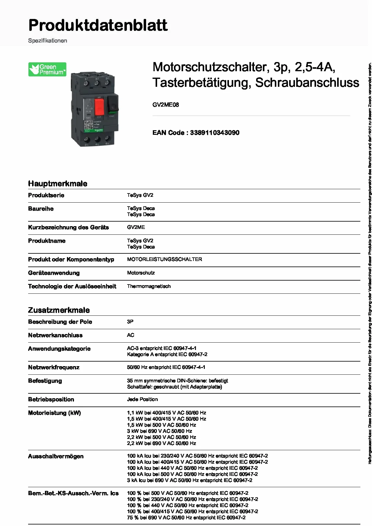Schneider Electric | GV2ME08 - wyłącznik ochronny silnika, 3p, 2,5-4 A, uruchamianie przycisku, przyłącze śrubowe – 45 x 89 x 78,2 mm