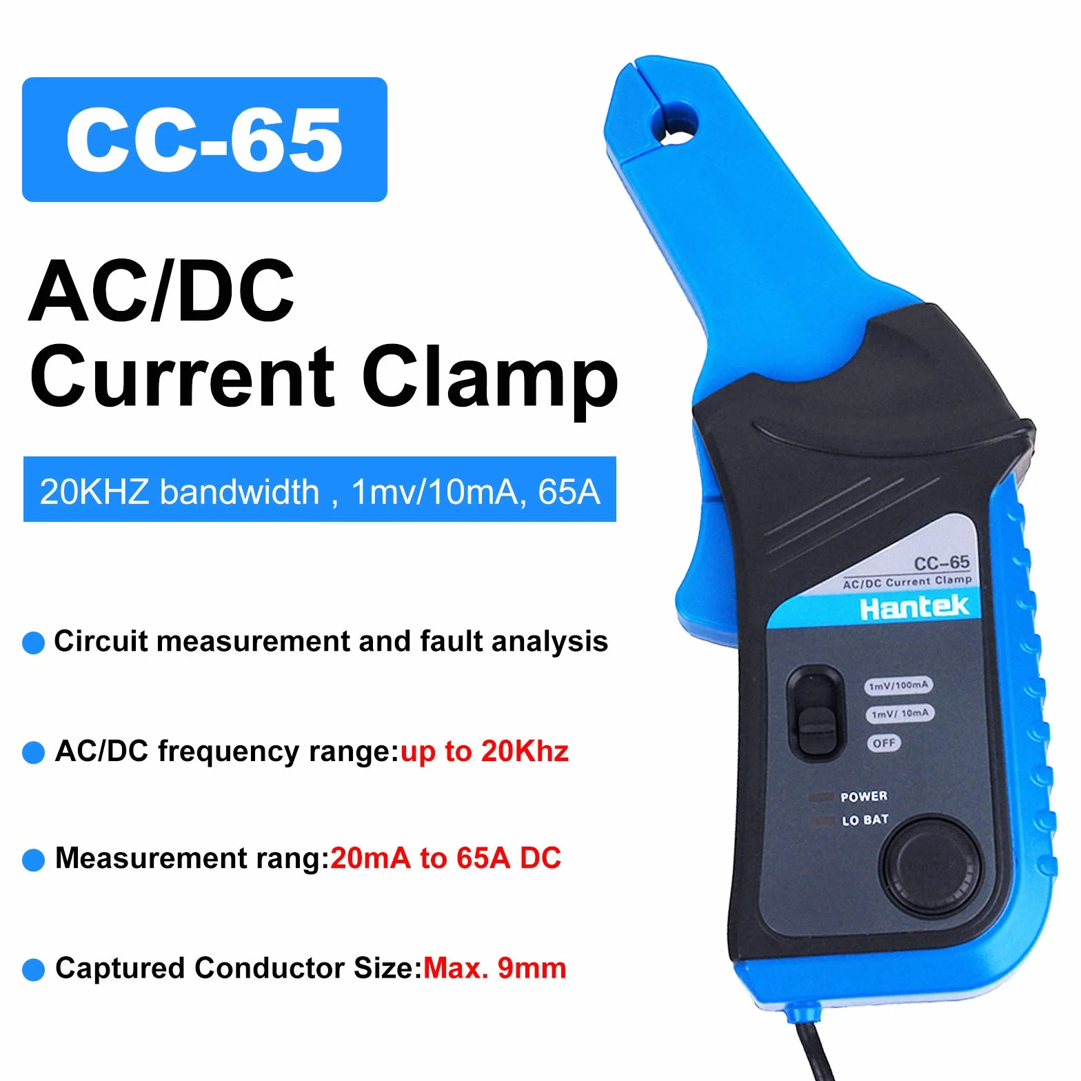 Hantek CC65 AC/DC Przystawka cęgowa do oscyloskopu 20 kHz, szerokość pasma 1 mV/ 10 mA 65 A, ze złączem BNC/bananowym
