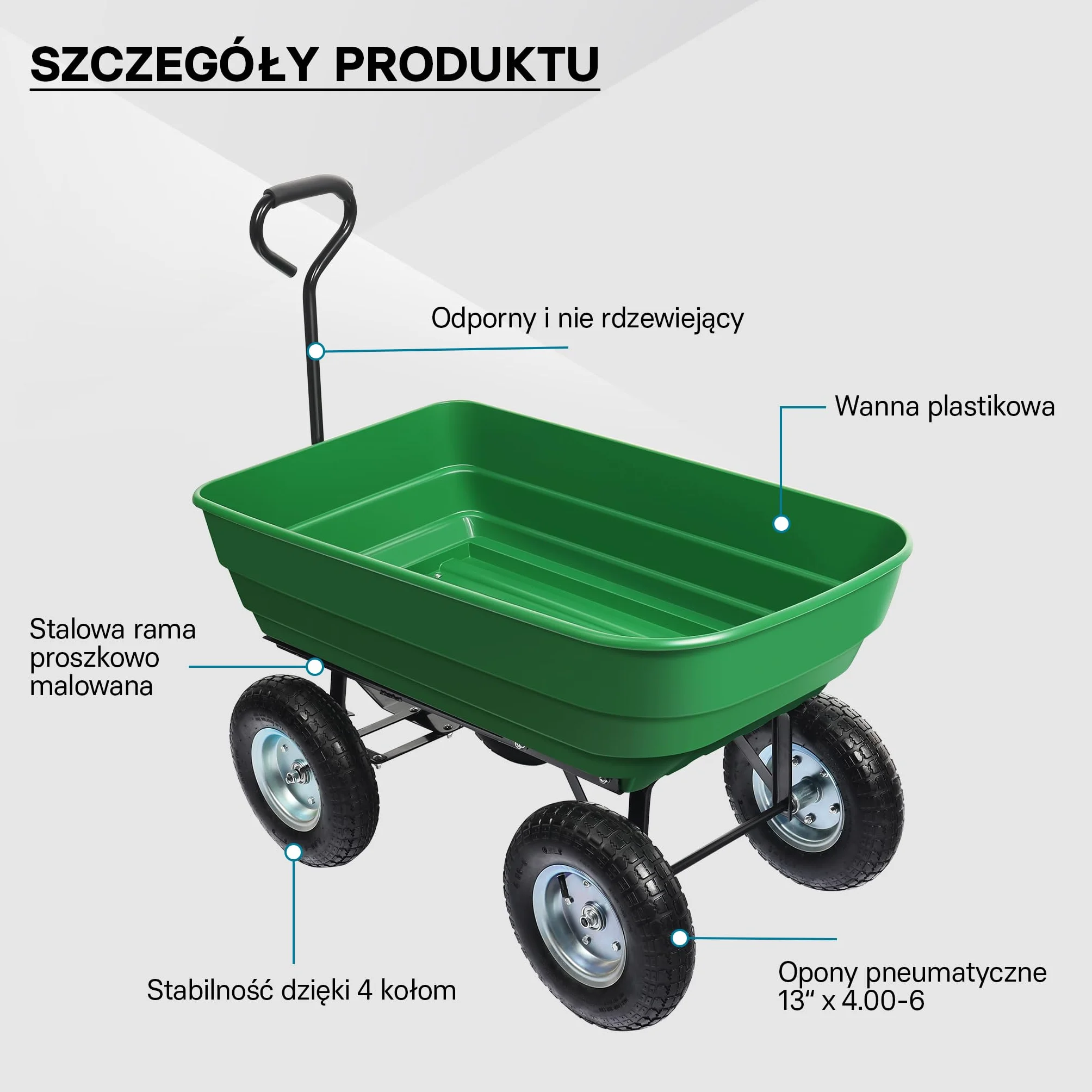 Wiltec Wózek ogrodowy z funkcją pochylenia do 350 kg nośności, wanna plastikowa o pojemności 125 l, wywrotka transportowa na 4 kołach