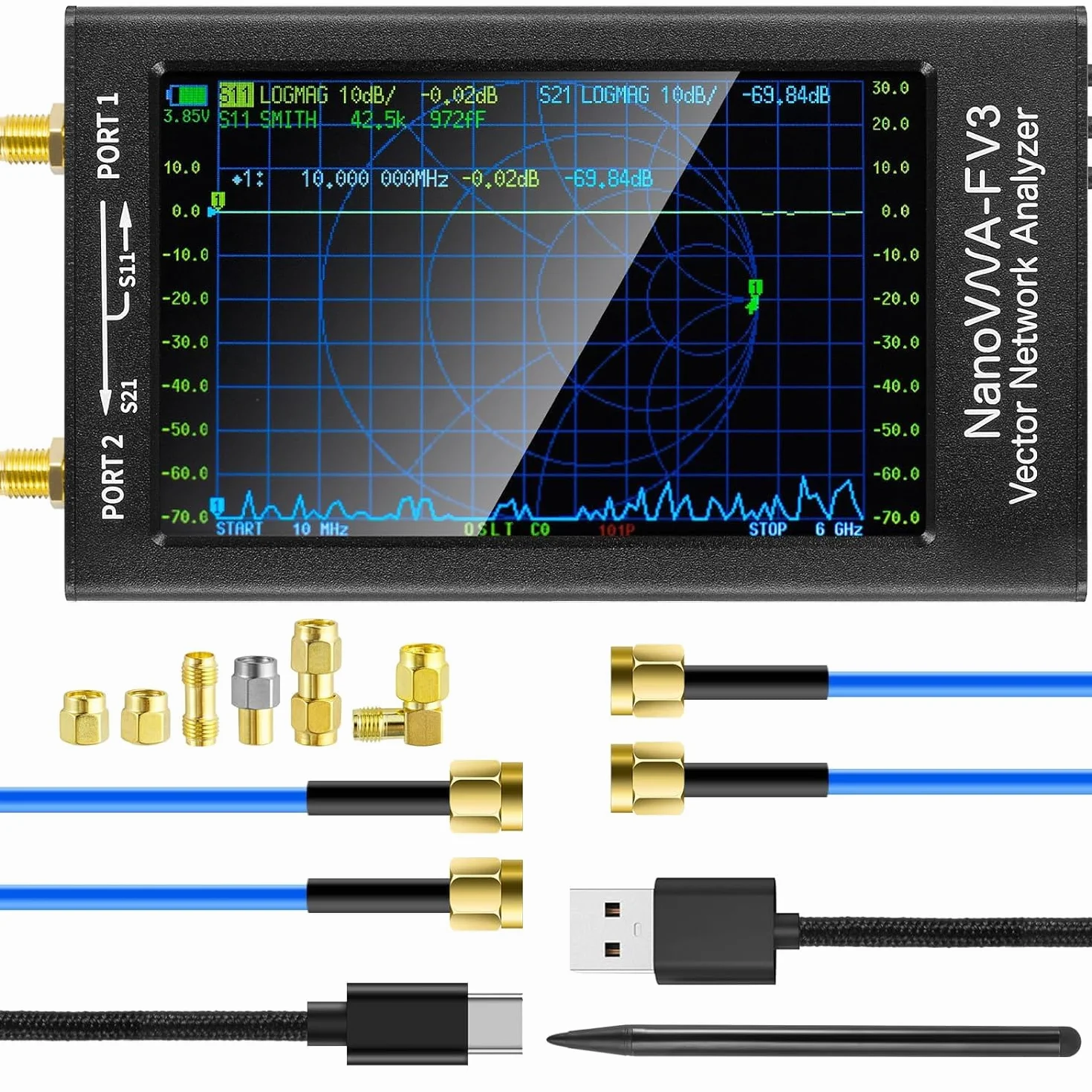 Wektorowy analizator sieci NanoVNA-F V3 Nowa aktualizacja anteny 1KHz-6GHz MF HF VHF UHF SHF 4.3 "z pomiarem parametrów S Współczynnik fali stojącej fazy opóźnienie graficzne Smith