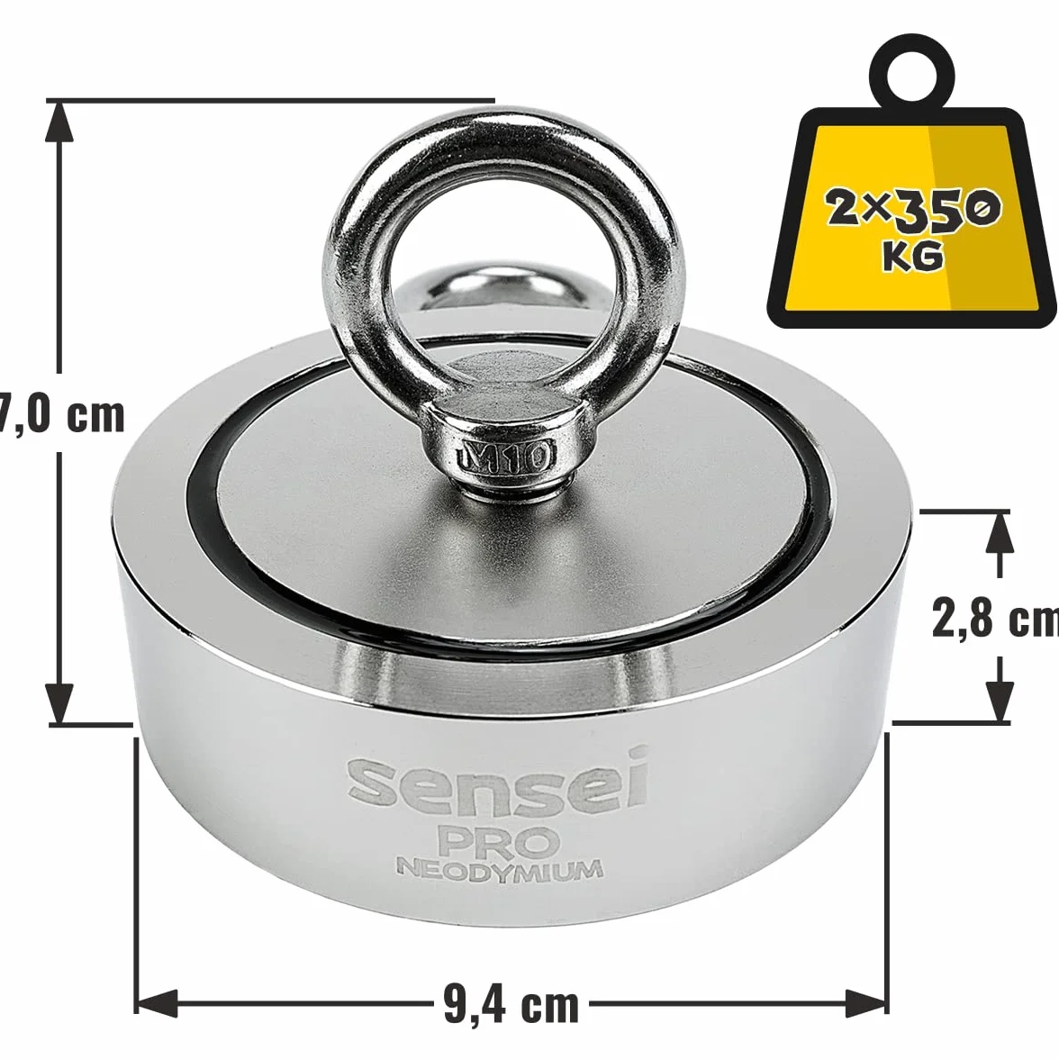 Magnes SENSEI 2x350=700 kg, Magnes Neodymowy Dwustronny N52 z Uchwytem Górnym i Bocznym, Ø9,4 x H2,8 cm, Bardzo Silny Magnes Neodymowy do Domu, Warsztatu, Połowów w Wodzie