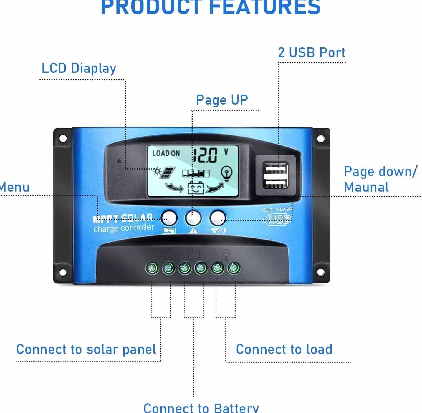 Solarny regulator ładowania MPPT 100 A, ładowarka słoneczna, kontroler z wyświetlaczem LCD, podwójny USB, wiele trybów sterowania obciążeniem, maksymalny prąd ładowania MPPT