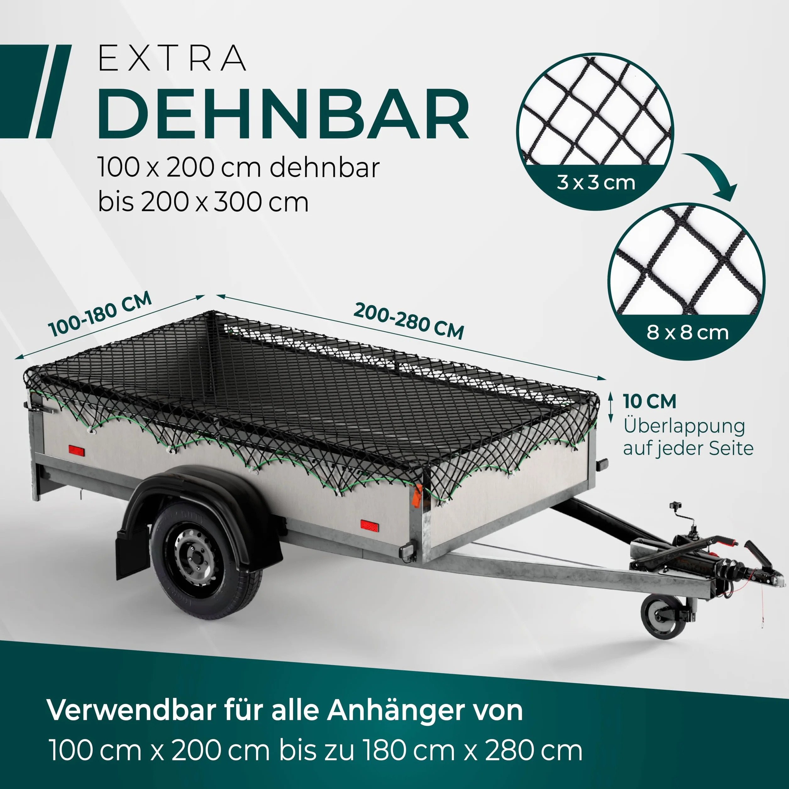 CargoVA® Inteligentna siatka na przyczepę do idealnego zabezpieczenia ładunku, rozciągliwa, od 1 x 2 m do 2 x 3 m, czarna, z gumową linką, 20 haczyków do plandek, oznaczone narożniki