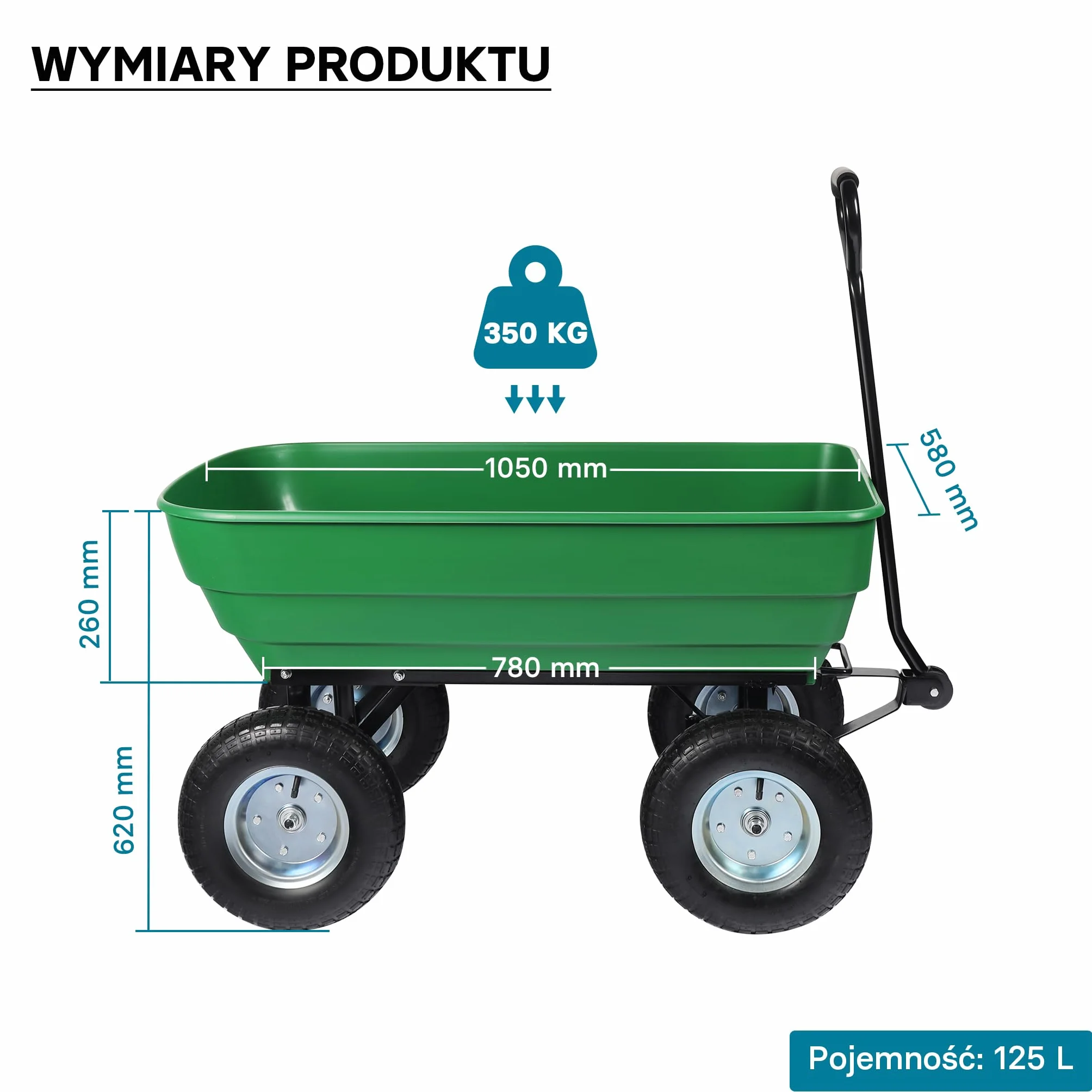 Wiltec Wózek ogrodowy z funkcją pochylenia do 350 kg nośności, wanna plastikowa o pojemności 125 l, wywrotka transportowa na 4 kołach