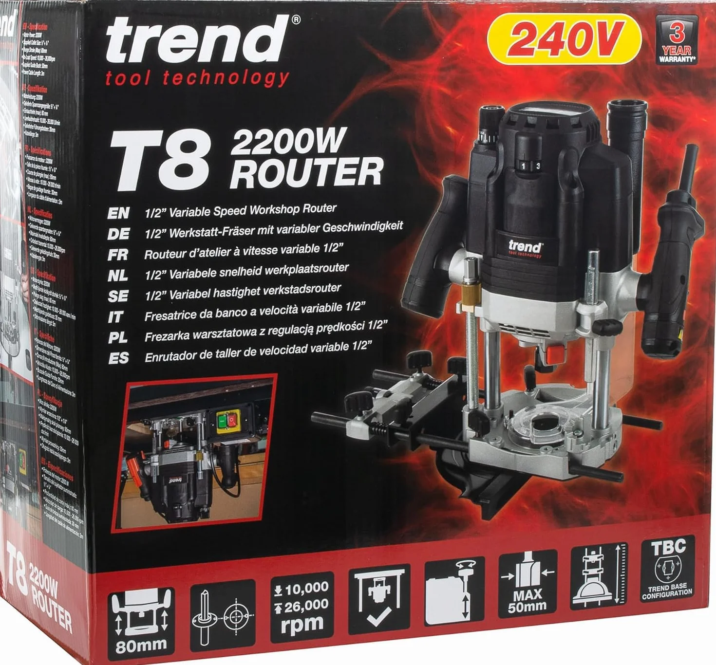 Trend T8 Frezarka Zanurzeniowa Dwumodalna 12mm do Warsztatu, Zaprojektowana do Użytku Ręcznego i na Stołach, 2200W, 230V, Czarny, T8EK/EURO