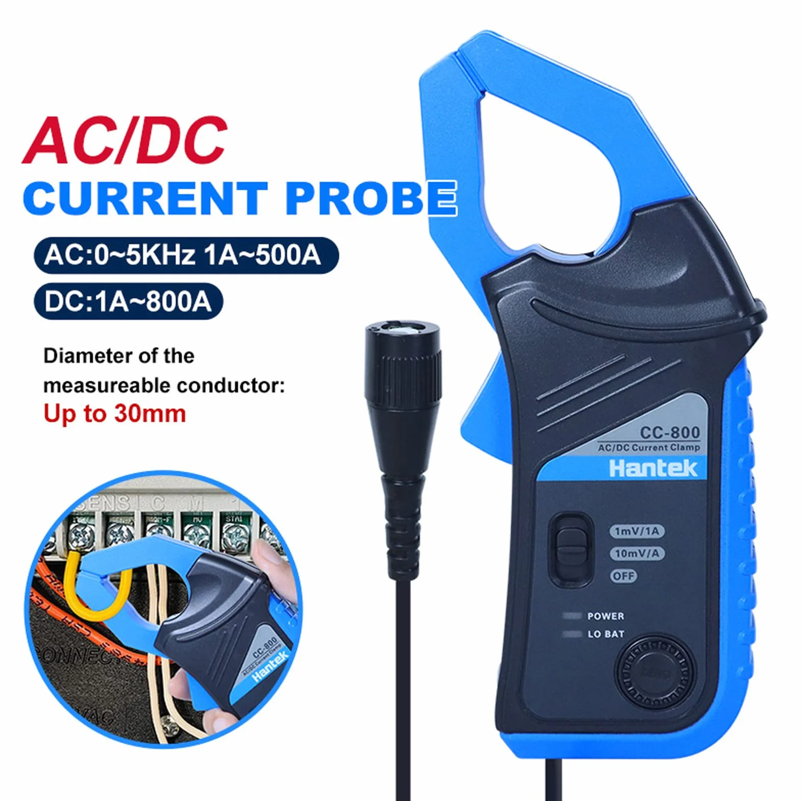 Hantek CC-800 AC/DC szczypce prądowe oscyloskop multimetr 1 mV/10 mV/A 500 A/800 A BNC