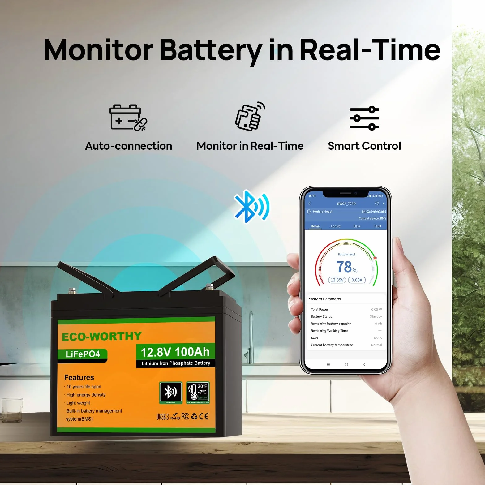 ECO-WORTHY Bateria litowa Bluetooth 12 V, 100 AH, akumulator LiFePO4 z ochroną w niskiej temperaturze, inteligentny BMS, 1280 Wh do przyczep kempingowych, samochodów kempingowych, systemów solarnych