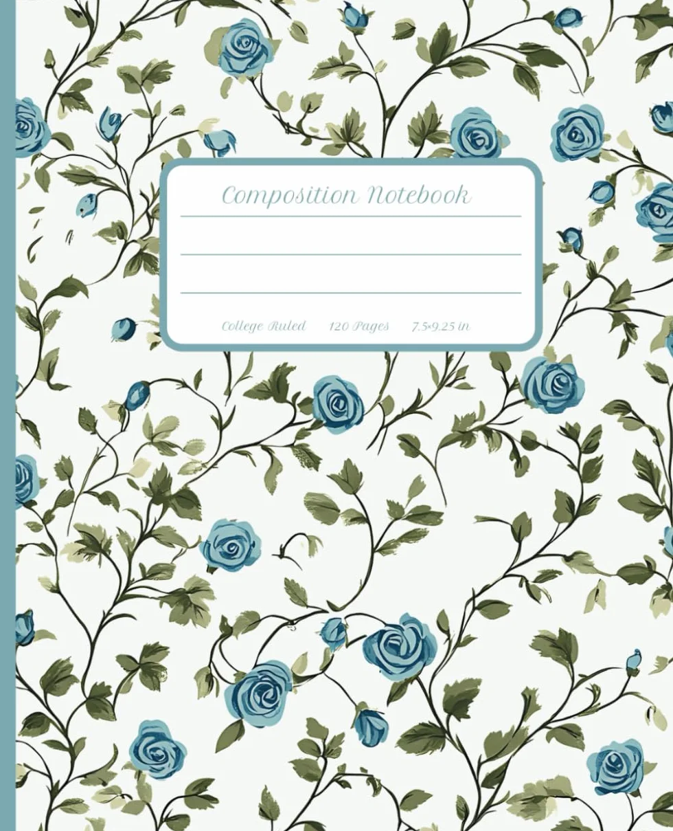 Cottagecore Composition Notebook College Ruled, Blue and White: Cute, Stylish, Floral Design | Girly Aesthetic Journal for School, Office and Work