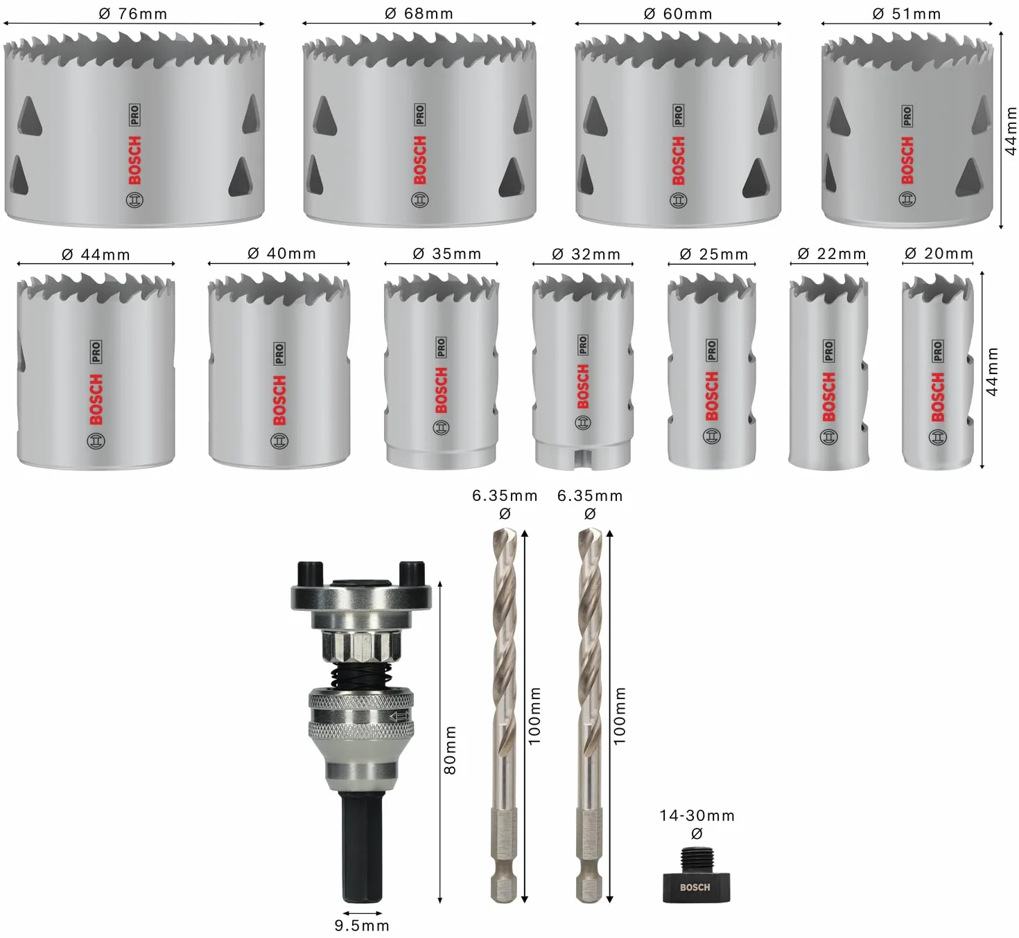 Bosch 15 x PRO Multi Material zestaw otwornic (do miękkiego drewna, płyty gipsowo-kartonowej, Ø 20-76 mm, profesjonalne akcesoria do wiertarki/wkrętarki)