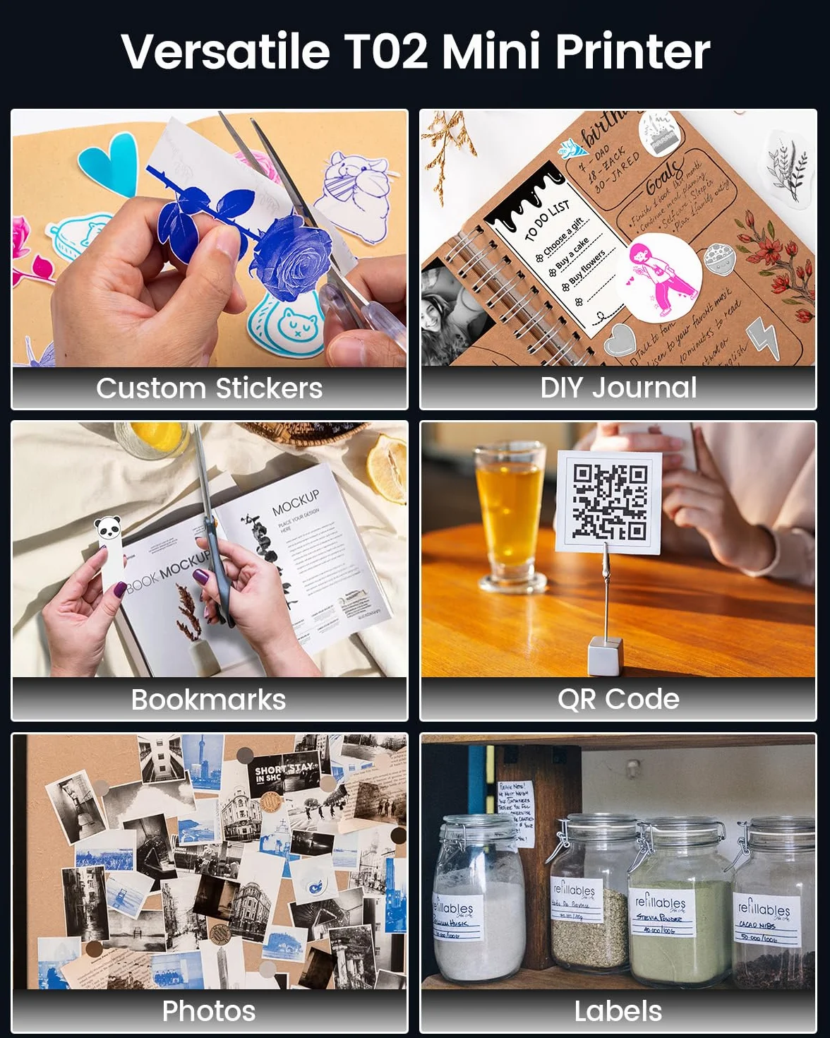 Print Pods Mini Printer - Drukarka Naklejek T02 Przenośna Drukarka Termiczna do Tworzenia Naklejek Drukarka Kieszonkowa Bluetooth Drukarka Telefoniczna do Studiowania Schematów Graficznych, Czarna