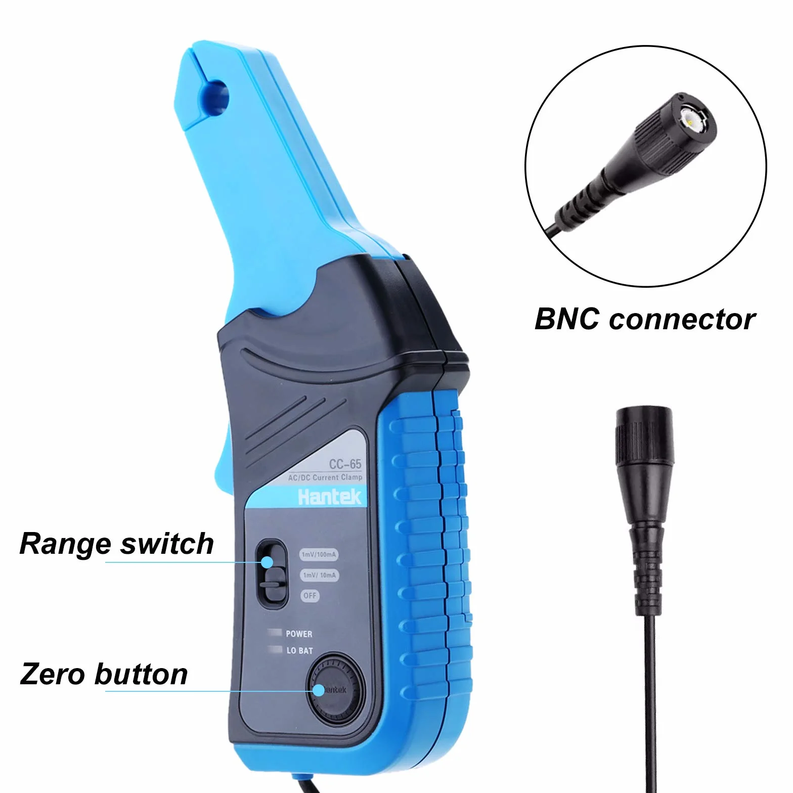 Hantek CC65 AC/DC Przystawka cęgowa do oscyloskopu 20 kHz, szerokość pasma 1 mV/ 10 mA 65 A, ze złączem BNC/bananowym