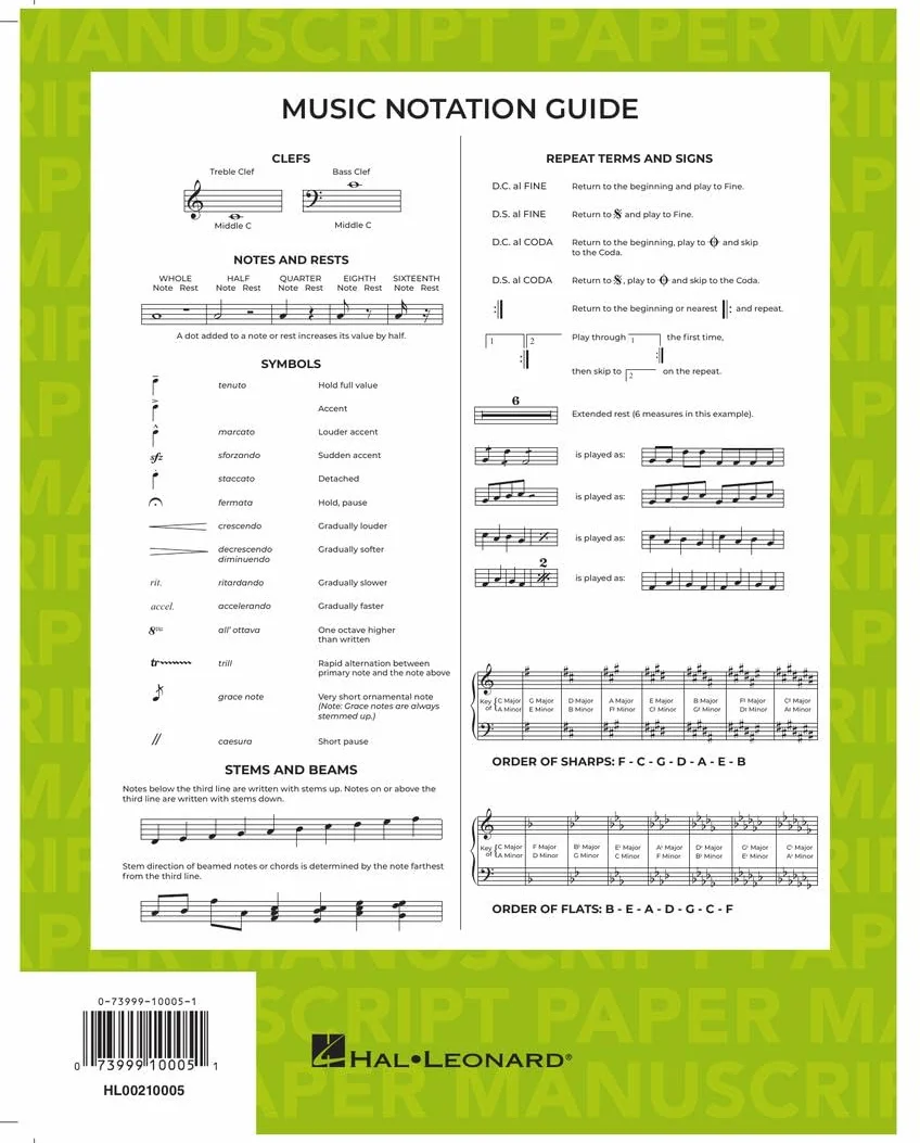 Cahier de musique - 12 portees, 96 pp. papier blanc - spirale: Green Cover