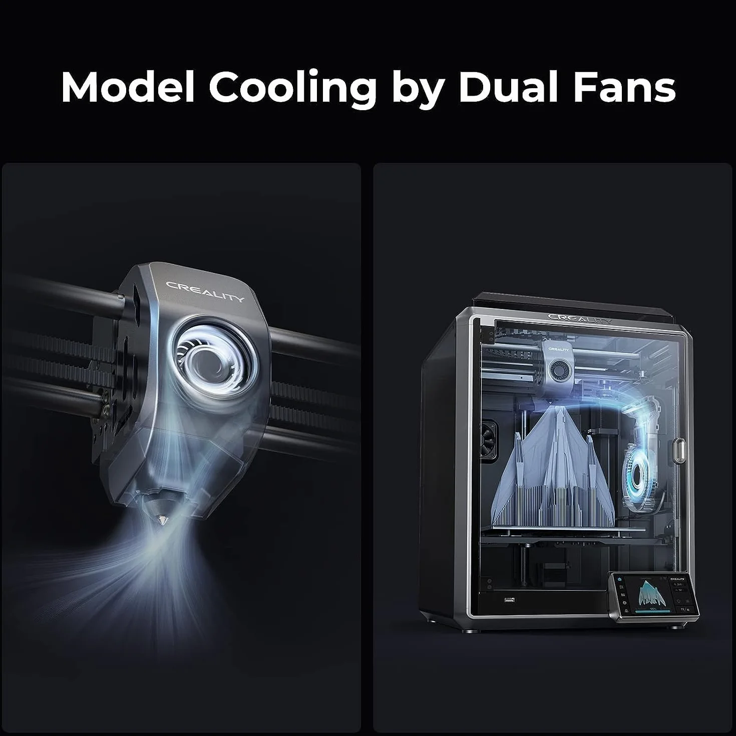 Creality K1 Drukarka 3D, prędkość druku 600 mm/s dwurdzeniowy procesor 1,2 GHz wysoka temperatura 300°C dysze drukujące 3D wyświetlacz LCD funkcja automatycznego poziomowania