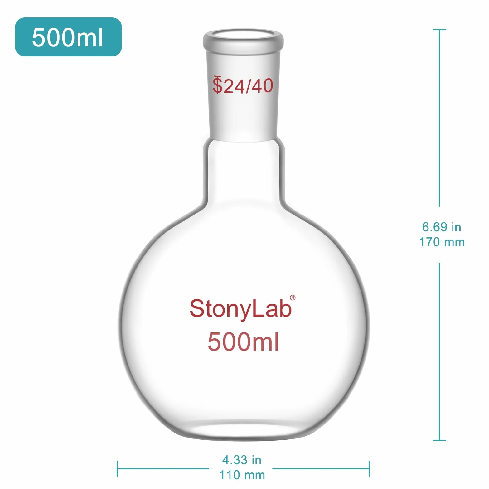 StonyLab 500ml Glas Einhals Flachboden Kochflasche Flachbodenflashe mit 24/40 Standard Taper Outer Joint, Single Neck Flat Bottom Boiling Flask - 500ml