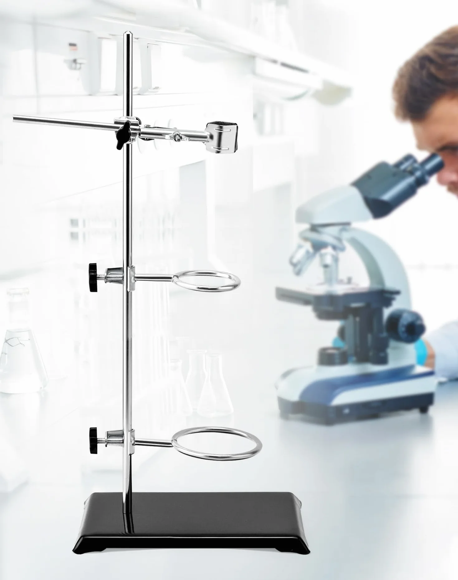 QWORK® Stojak laboratoryjny 13 x 21 cm, długość pręta 50 cm, zaciski i mufy (średnica 5 cm/7,3 cm), do eksperymentów naukowych