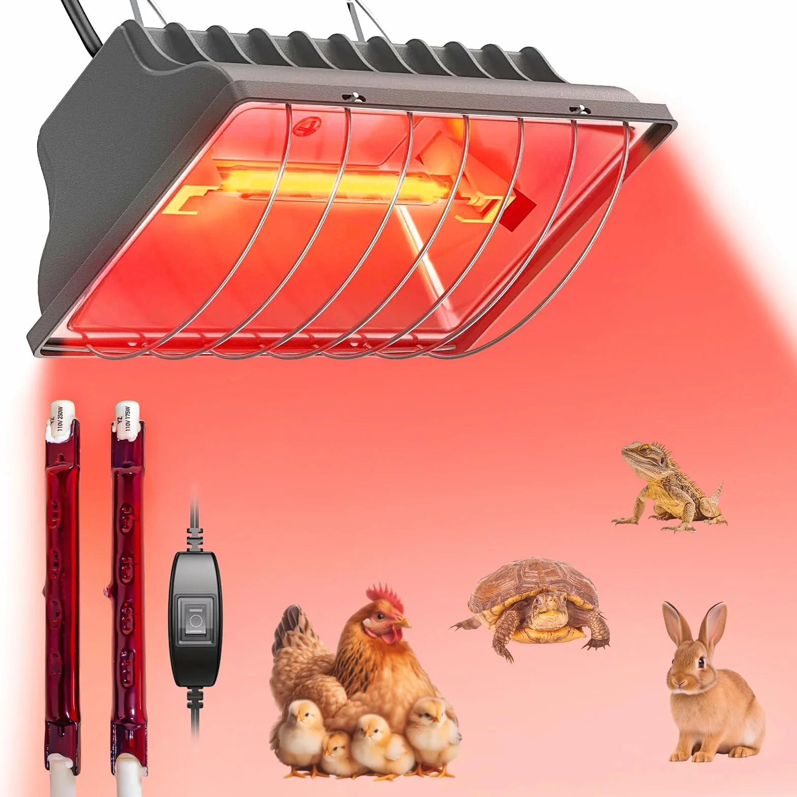 Ogrzewanie kurnika, 250 W, wodoszczelna lampa grzewcza na podczerwień, dla zwierząt, termostat, lampa grzewcza z regulowanym łańcuchem do zawieszania dla piskląt, szczeniaków, kotów, świń, psów, gadów