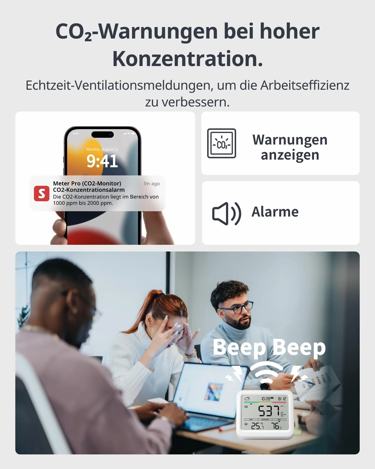 SwitchBot Czujnik CO2 Bluetooth Con IP65, miernik CO2 z termometrem i higrometrem wewnątrz, miernik jakości powietrza z alarmem CO2, Bluetooth CO2 z aplikacją, 2 lata przechowywania danych