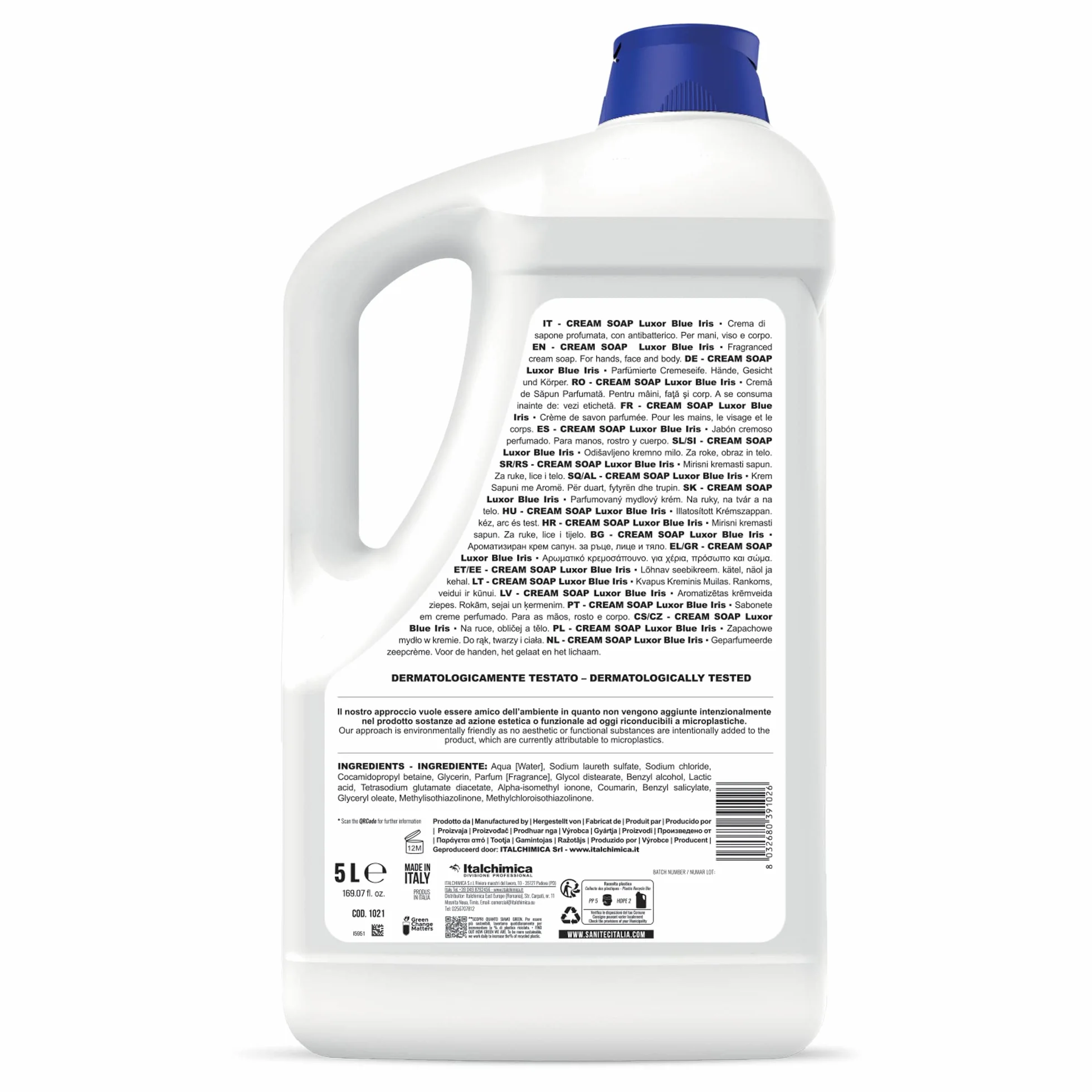 Sanitec Luxor Blue Iris, perfumowany krem do mydła nawilżający z gliceryną i antybakteryjnym, oczyszcza dłonie w świeżości i czystości, pH 5,5, testowany dermatologicznie, wyprodukowany we Włoszech, 5