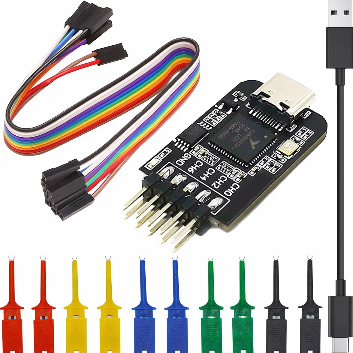 Logic Analyzer 8 CH 24 MHz, interfejs typu C, mikrokontroler, analiza protokołów, ARM-FPGA z kablem USB do typu C, klips testowy, kabel DuPont