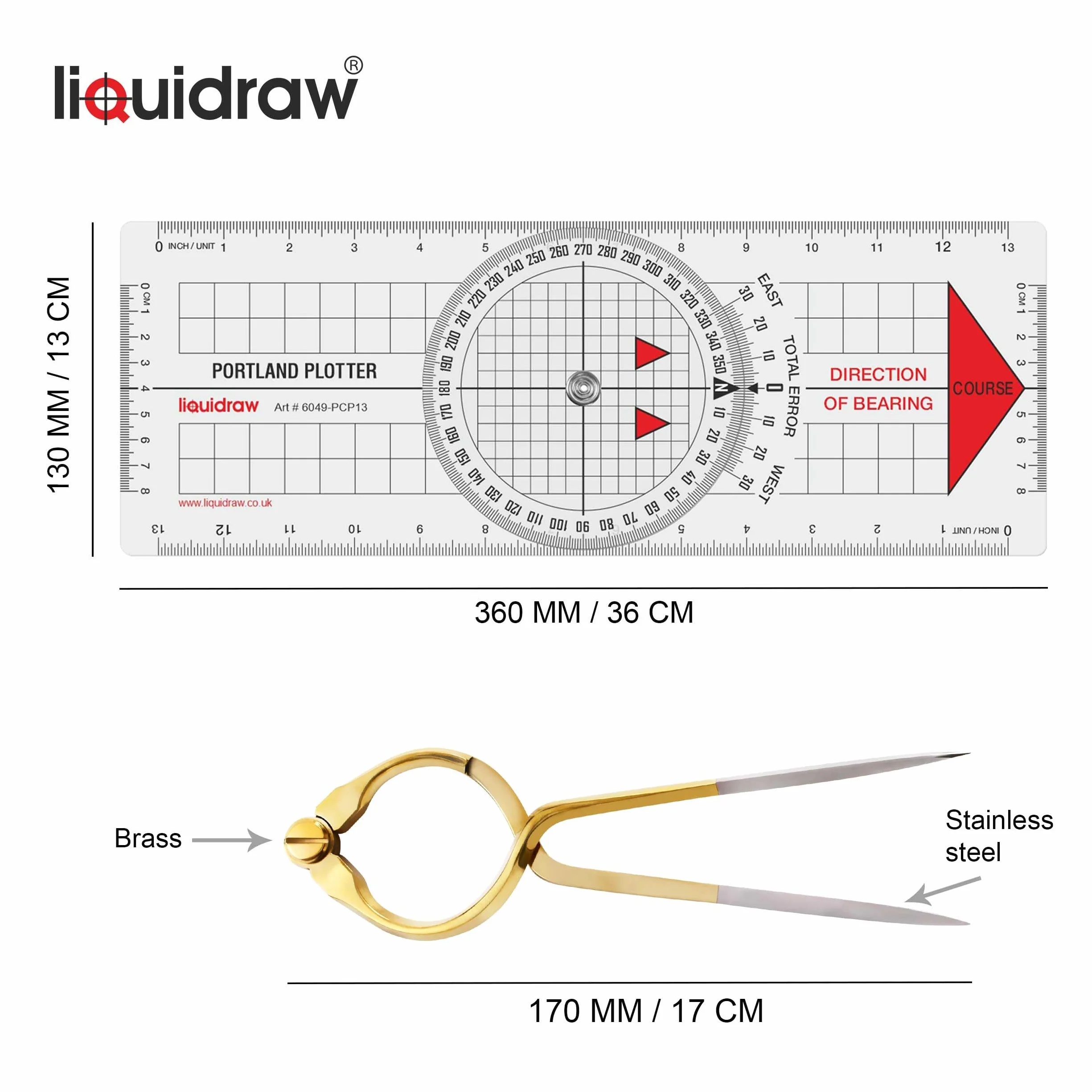 Liquidraw Portland Plotter kursowy z kątomierzem morskim 20 cm mosiężną przegrodą przezroczysty akryl