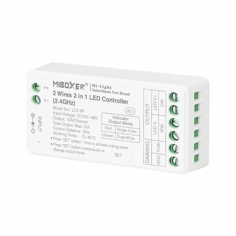 LGIDTECH Miboxer 2 przewody 2 w 1 kontroler LED RF 2,4 GHz, sterowanie aplikacją na smartfona, obsługa jednokolorowych i COB 2 przewodów CCT podwójny biały kolor taśmy LED