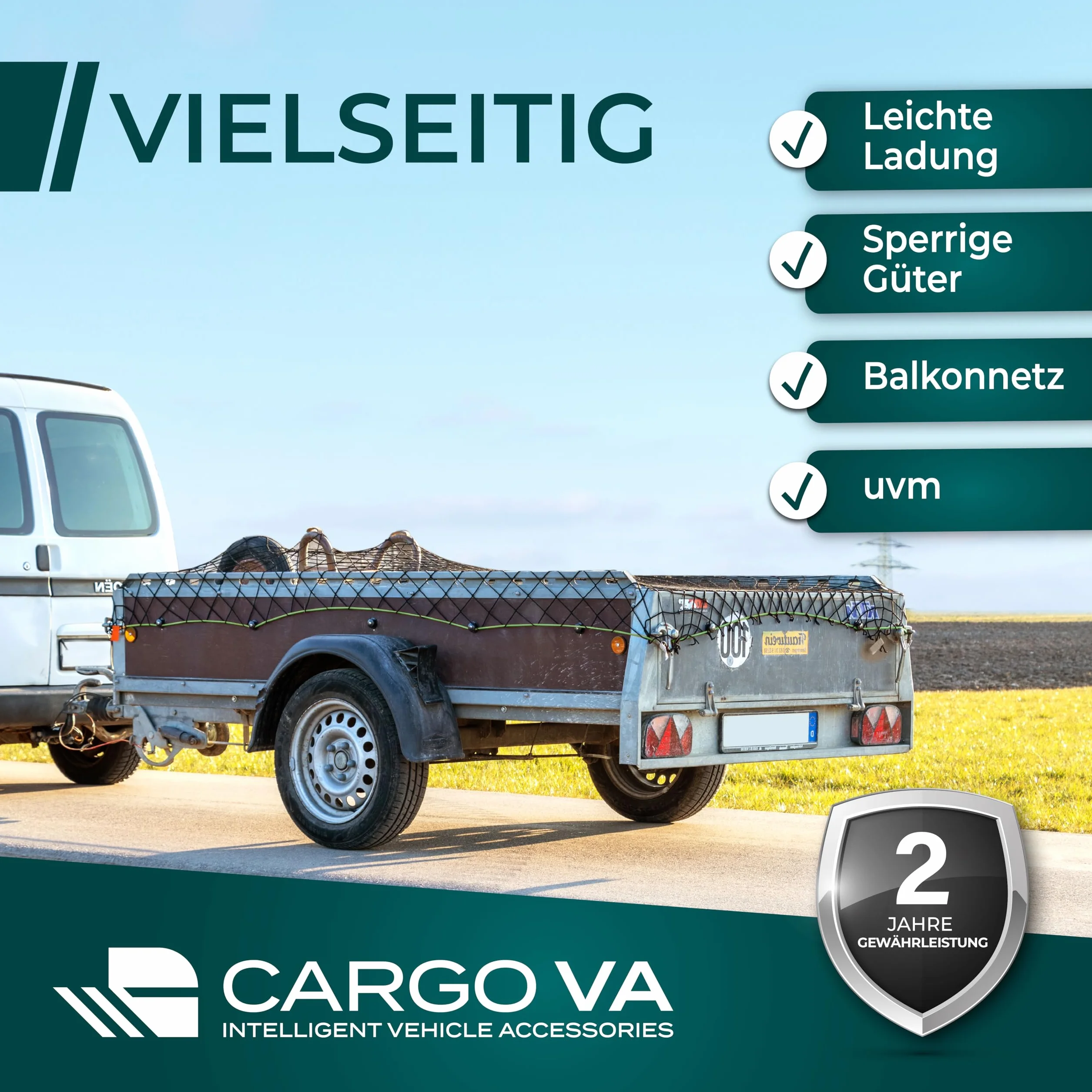 CargoVA® Inteligentna siatka na przyczepę do idealnego zabezpieczenia ładunku, rozciągliwa, od 1 x 2 m do 2 x 3 m, czarna, z gumową linką, 20 haczyków do plandek, oznaczone narożniki