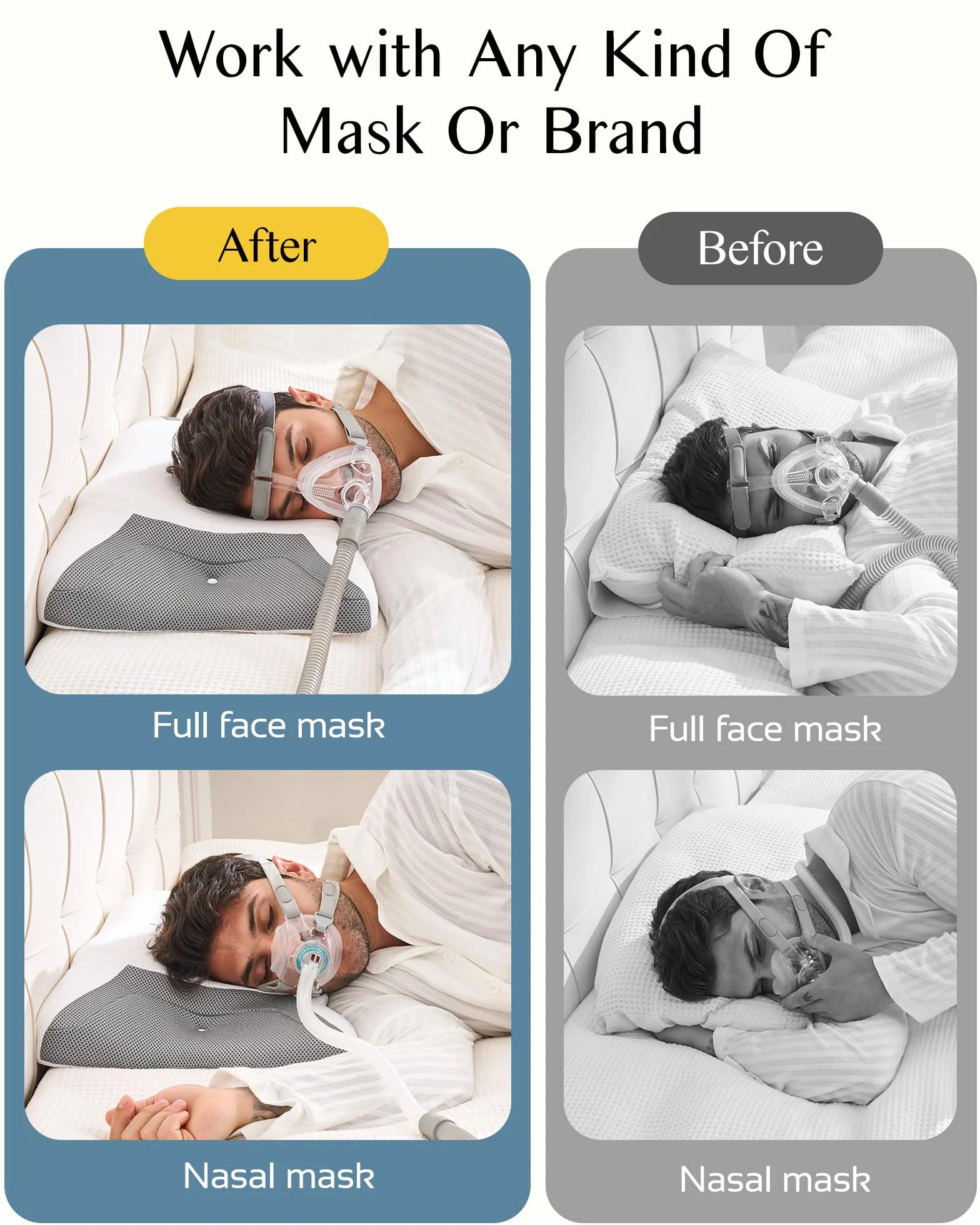 Poduszka CPAP na szyję z pianki wiskoelastycznej, ergonomiczna poduszka dla osób cierpiących na bezdech senny, z poszerzonymi rowkami bocznymi, które zmniejszają nacisk maski i wyciek powietrza