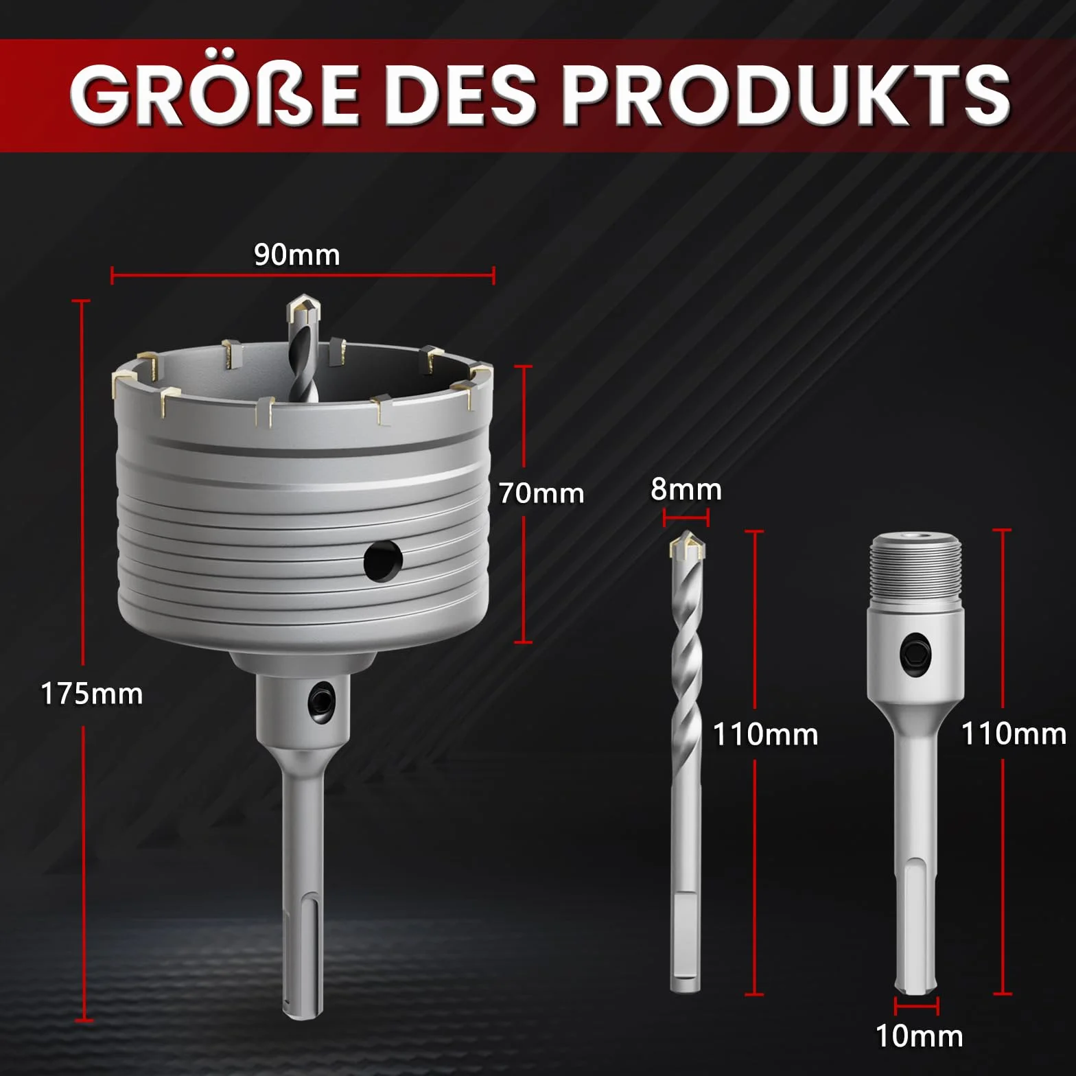 CSOOM Otwornica do betonu 90 mm z drążkiem przedłużającym SDS-Plus 110 mm, zestaw otwornic do betonu, 4 x 8 x 110 mm, końcówka z twardego metalu, 2 wiertła centrujące