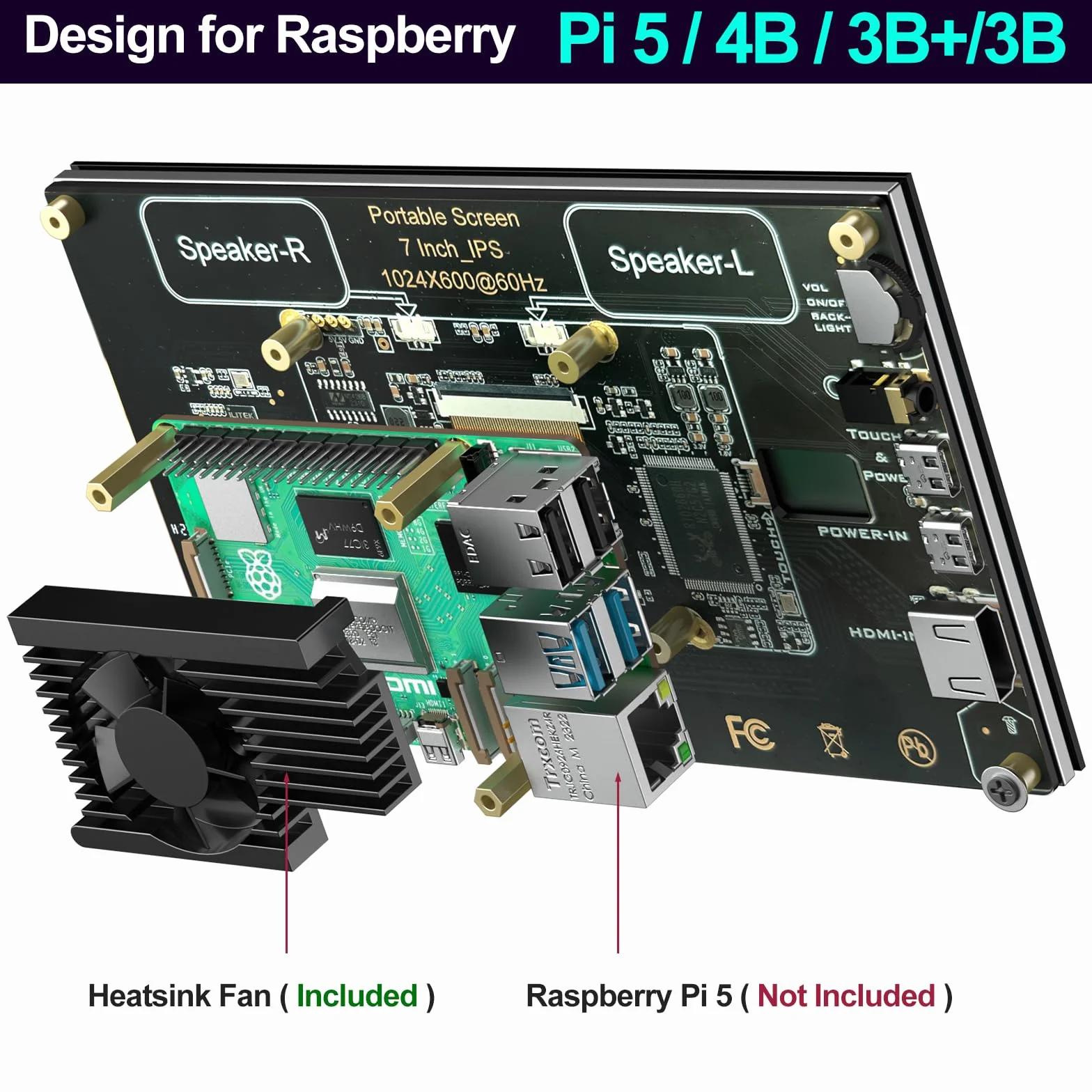 InnoMaker 7-calowy Wyświetlacz LCD IPS z Pojemnościowym Ekranem Dotykowym 1024x600 Monitor HDMI do Raspberry Pi 5/4B/3B+/3B/B+, Wbudowane Podwójne Głośniki, Obsługa DAC/DAC PRO/AMP/AMP PRO