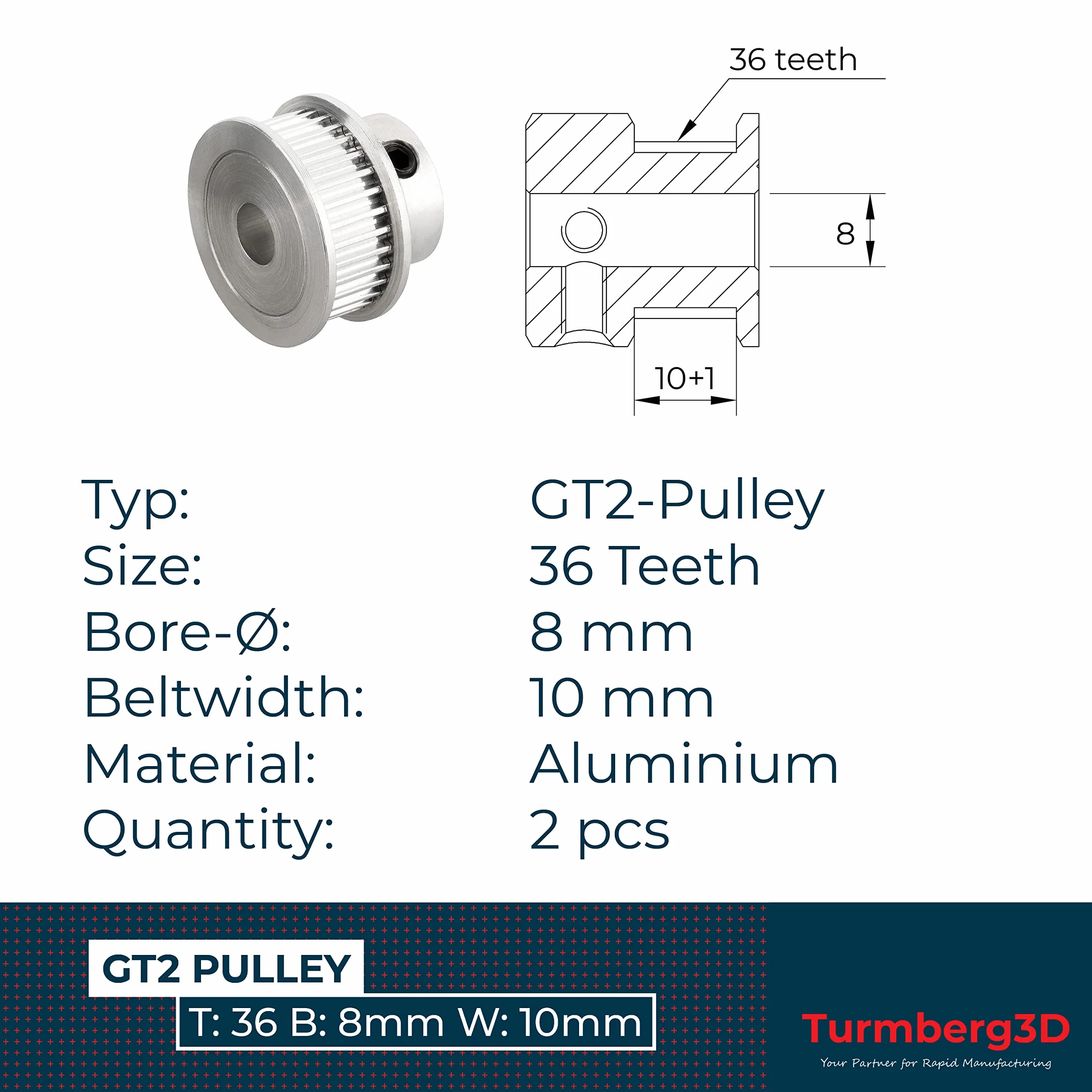 2 x GT2 koła pasowe / napęd pulley - 36 zębów - średnica otworu: 8 mm - szerokość paska: 10 mm (GT2-10 · 36T · Ø8)