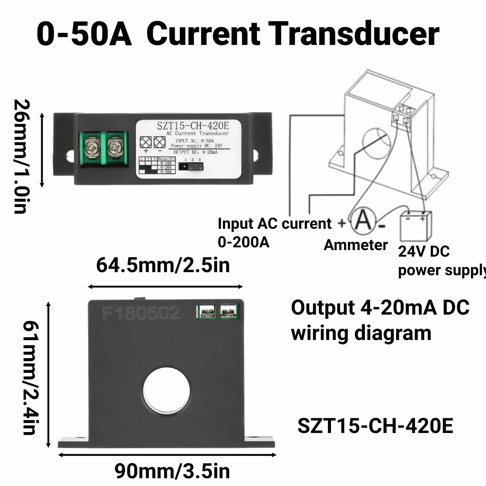 Przetwornik Prądu AC 4-20mA 0-50A SZT15-CH-420E Czujnik Transformator