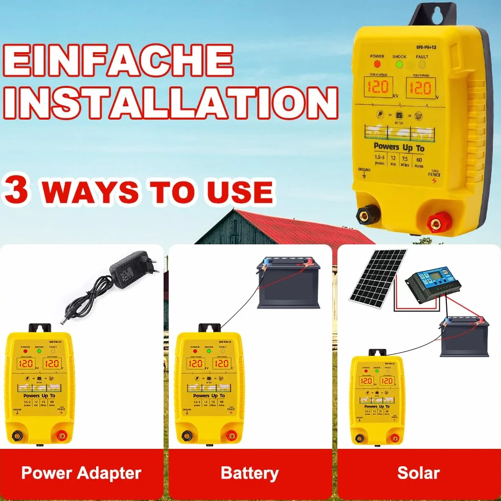 Urządzenie ogrodzeniowe 12 V, ogrodzenie elektryczne z wyświetlaczem LED, alarm, 1,5-3 J, elektryczne urządzenie do ochrony zwierząt gospodarskich, zasięg 12 km, zwierzęta domowe, drobi