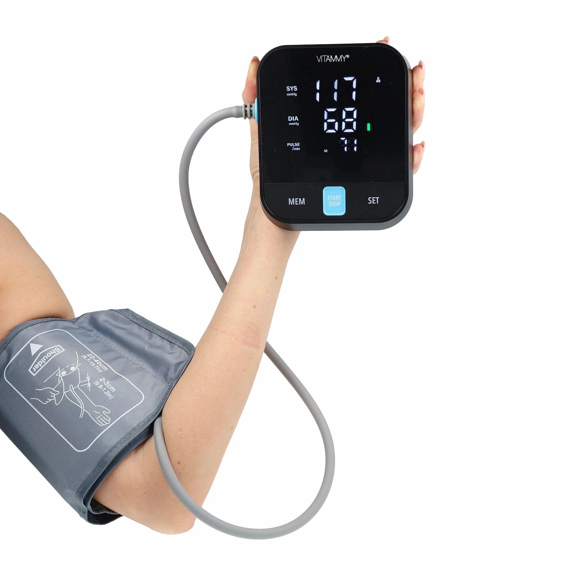 VITAMMY Next e5 Ciśnieniomierz naramienny, czarny, z komunikatami głosowymi po polsku, mankiet 22-40 cm, zasilanie USB-C/baterie AA, z etui, wyświetlacz LCD