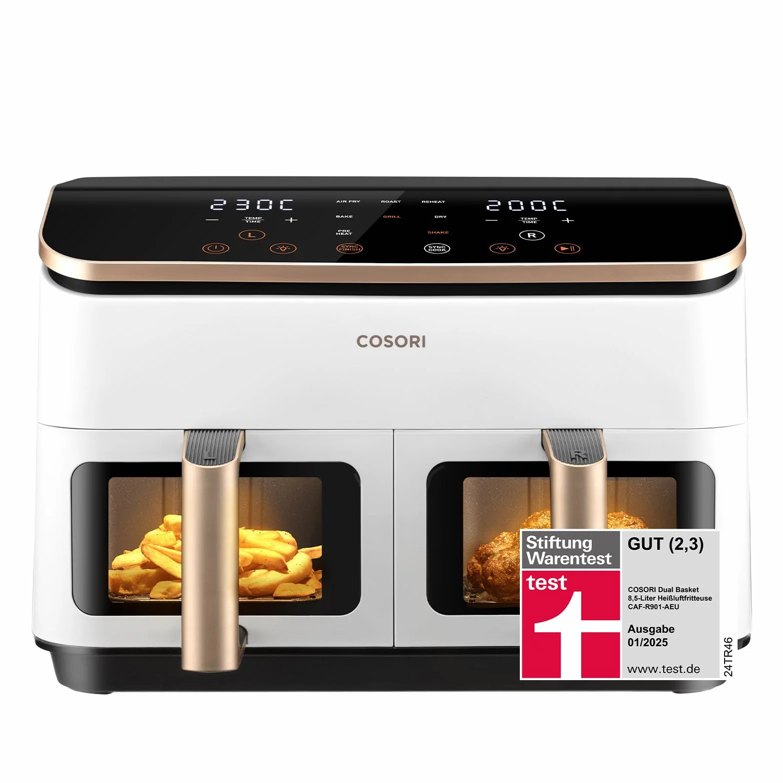 COSORI Frytkownica na gorące powietrze, 2 komory, zwycięzca testu Stiftung Warentest, 8,5 l, Airfryer 6 w 1, z okienkiem, kremowo-biała