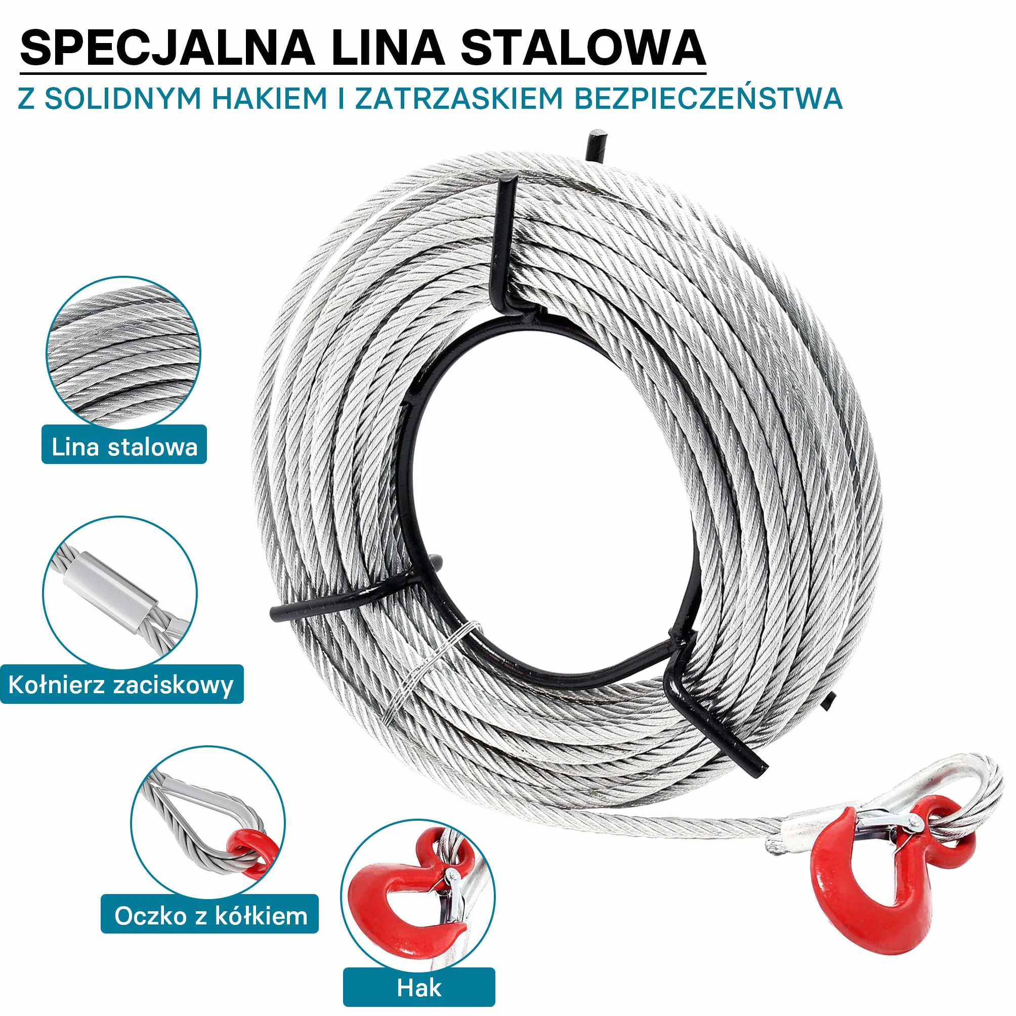 Wiltec Ręczna wciągarka linowa 1600 kg ze stalową liną 20 m i Ø 11 mm, hak z blokadą, wyciągarka ręczna do prac leśnych, budowlanych i warsztatowych