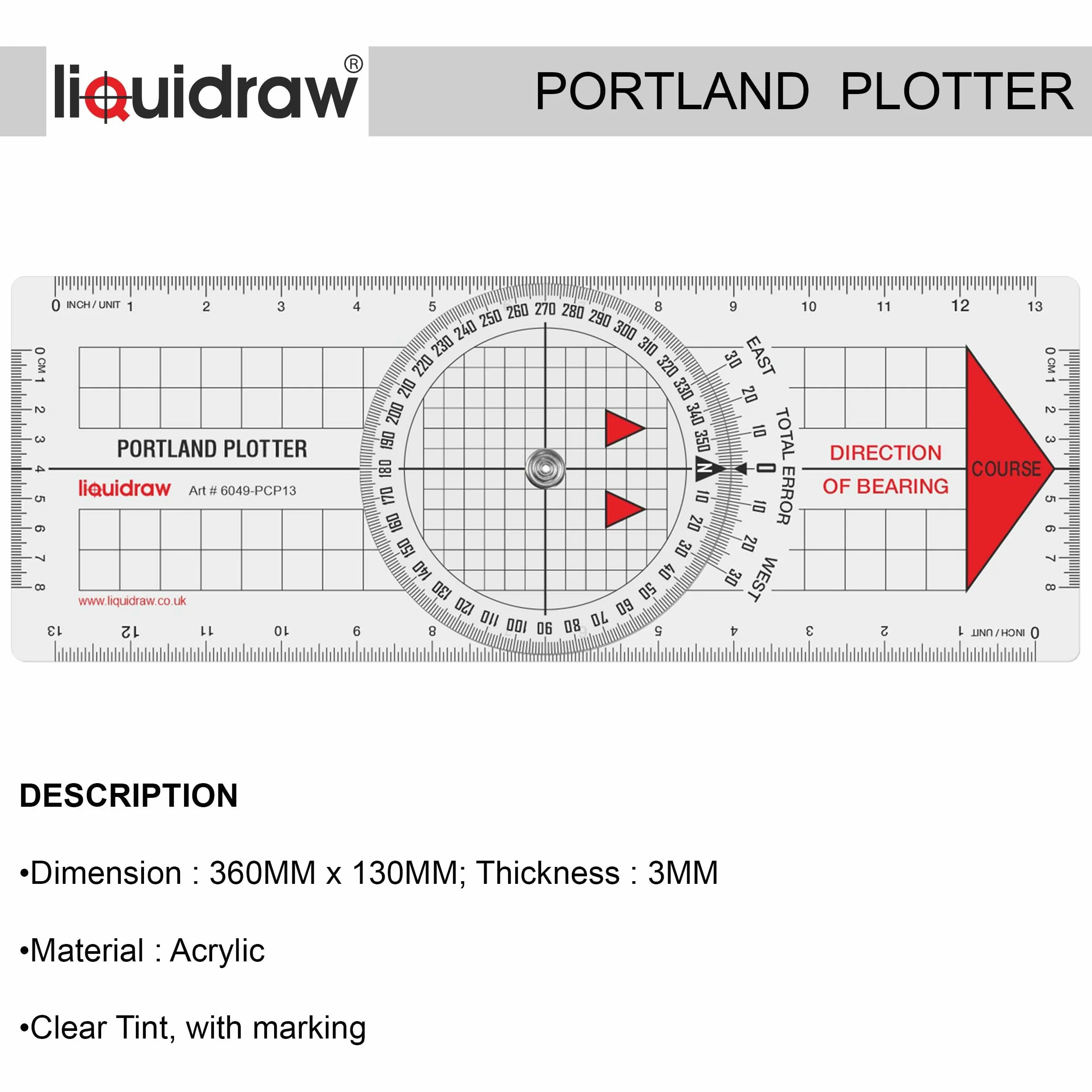 Liquidraw Portland Plotter kursowy z kątomierzem morskim 20 cm mosiężną przegrodą przezroczysty akryl