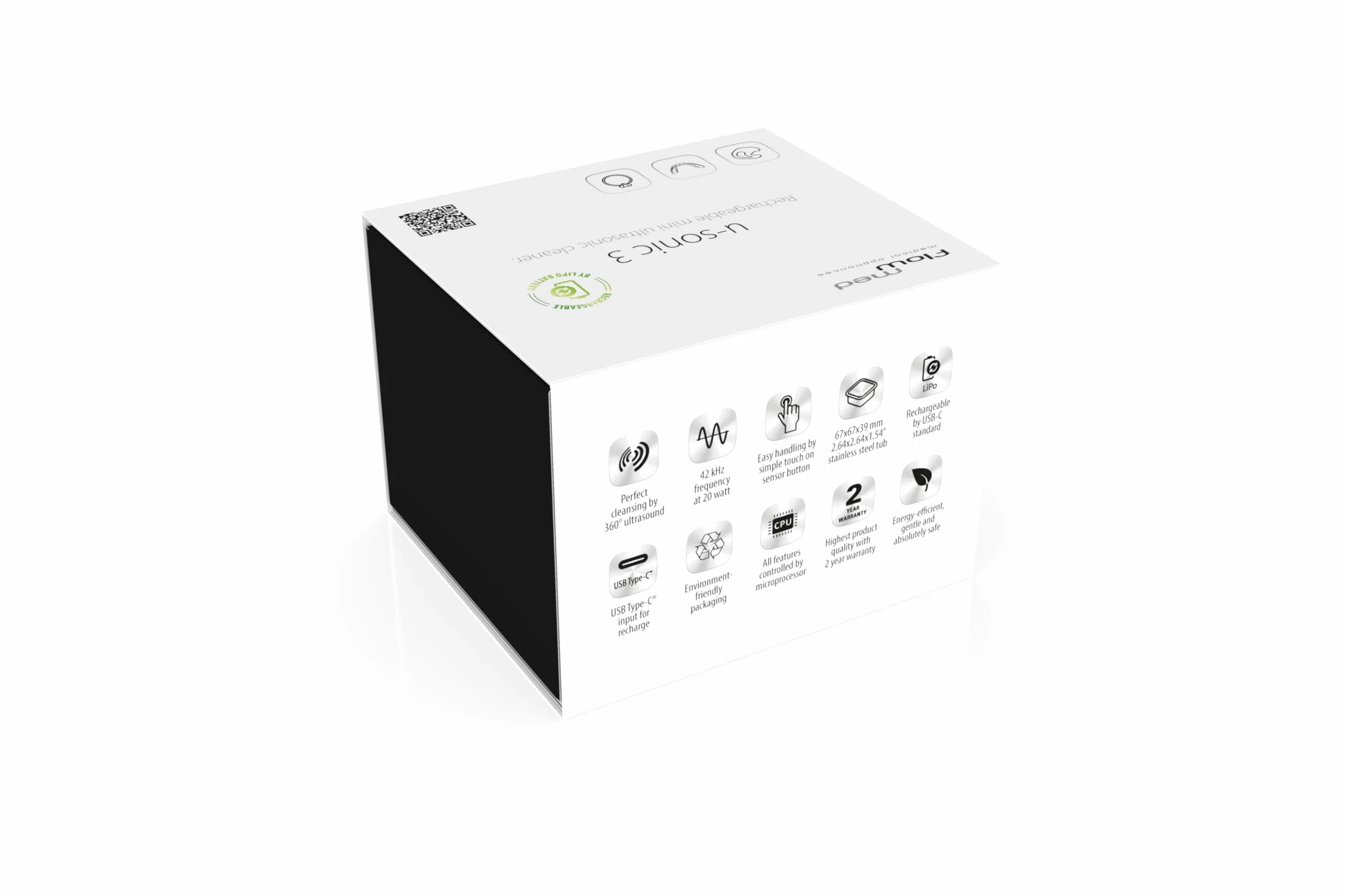 flow-med u-sonic 3 - Myjka Ultradźwiękowa - do Wkładek Usznych i Ochrony Słuchu - Akumulator - Czyszczenie 360° - Pojemnik 125ml - Wiele Innych Zastosowań - 2 Etapy - USB-C