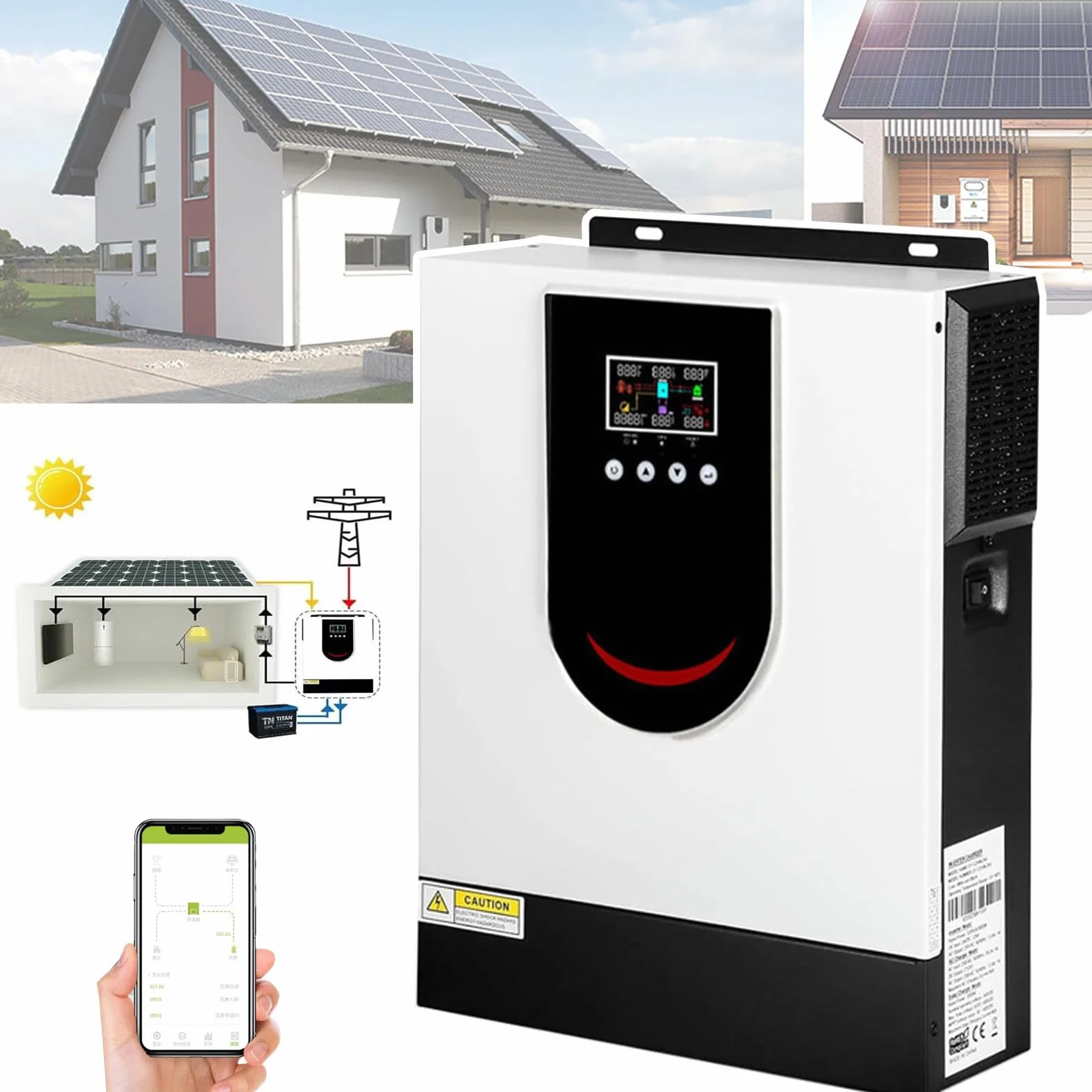 Hybrydowy falownik solarny (1,0-10,2 kW), czysty inwerter sinusoidalny 12 V, 24 V, 48 V, hybrydowa ładowarka off-grid, wyświetlacz LCD, z kontrolerem ładowania solarnego MPPT 40/80/120/160 A, DC12 V