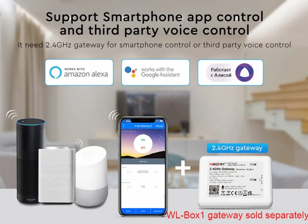 LGIDTECH Miboxer 2 przewody 2 w 1 kontroler LED RF 2,4 GHz, sterowanie aplikacją na smartfona, obsługa jednokolorowych i COB 2 przewodów CCT podwójny biały kolor taśmy LED