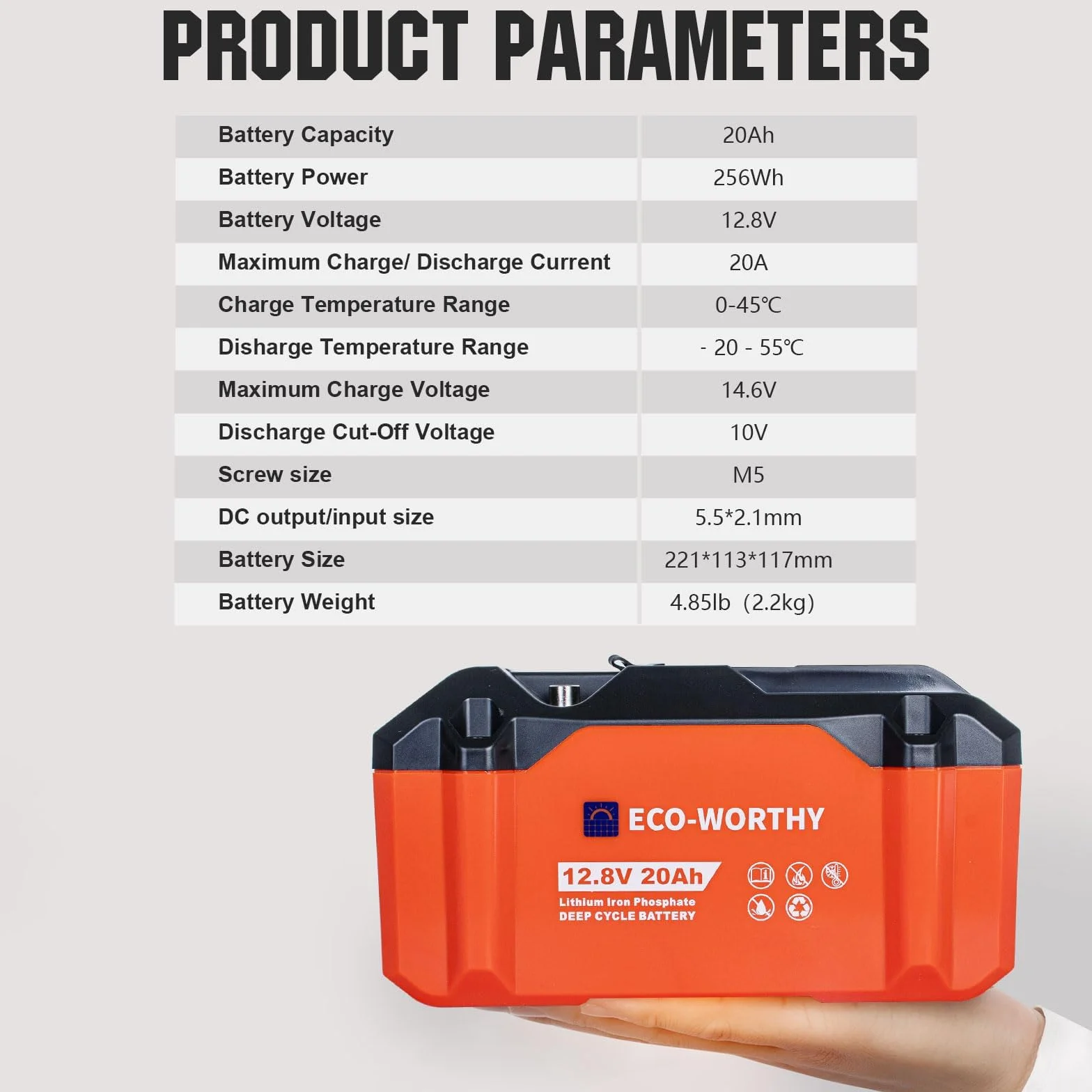 ECO-WORTHY 256 Wh LiFePO4 12 V 20 Ah, akumulator litowo-żelazowo-fosforanowy 12 V z ochroną BMS i do 15000 cykli głębokiego rozładowania do kempingu, silnika do trolingu, łodzi
