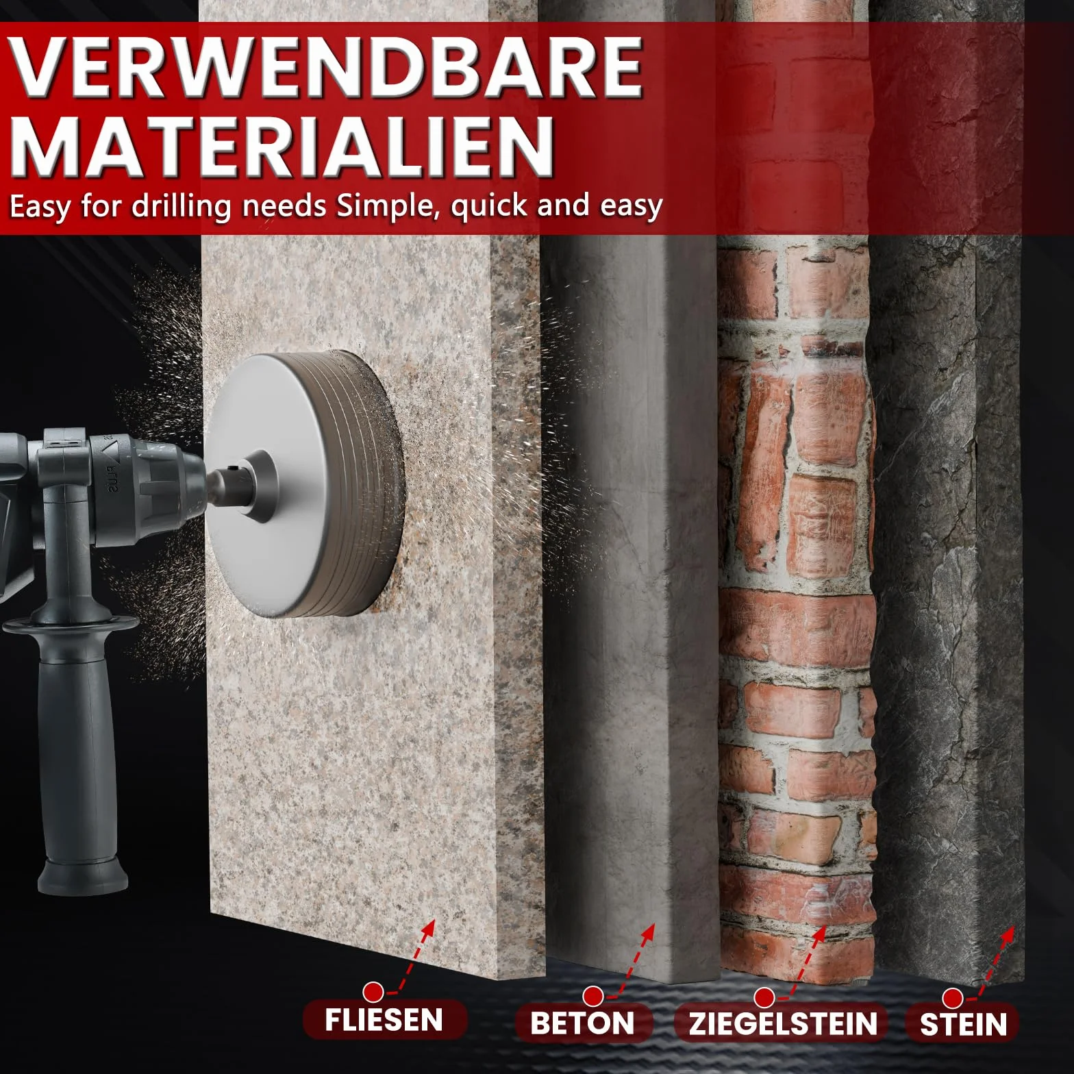 CSOOM Otwornica do betonu 90 mm z drążkiem przedłużającym SDS-Plus 110 mm, zestaw otwornic do betonu, 4 x 8 x 110 mm, końcówka z twardego metalu, 2 wiertła centrujące