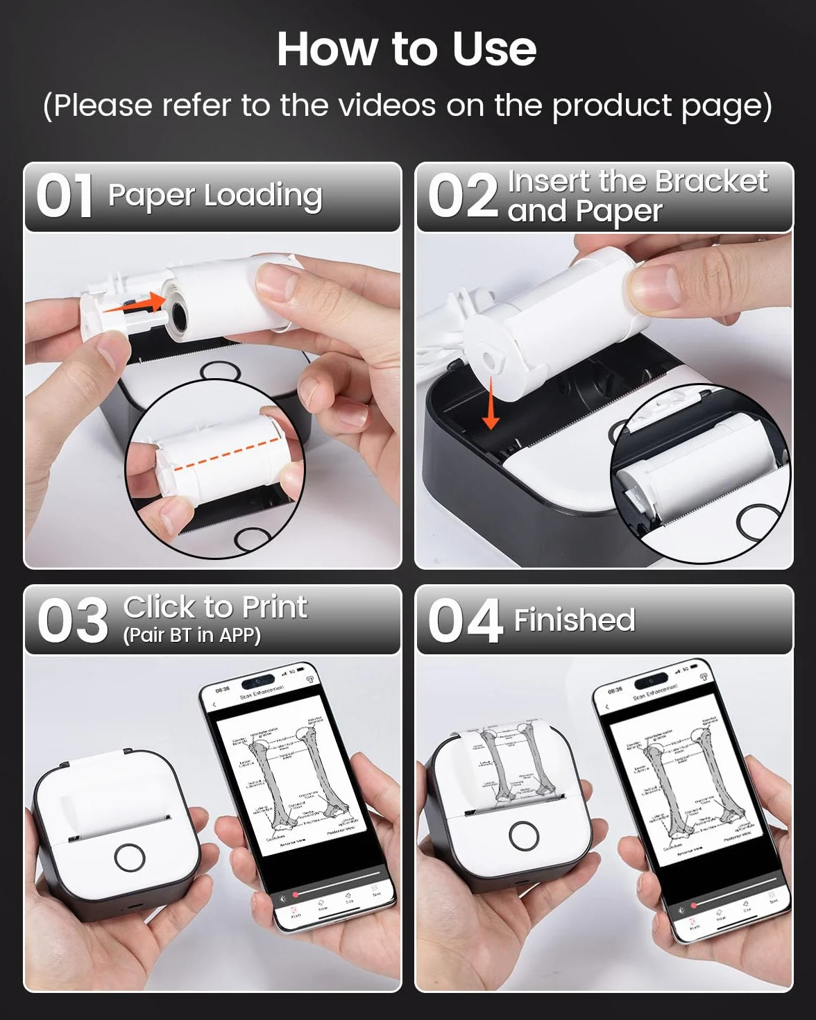Print Pods Mini Printer - Drukarka Naklejek T02 Przenośna Drukarka Termiczna do Tworzenia Naklejek Drukarka Kieszonkowa Bluetooth Drukarka Telefoniczna do Studiowania Schematów Graficznych, Czarna