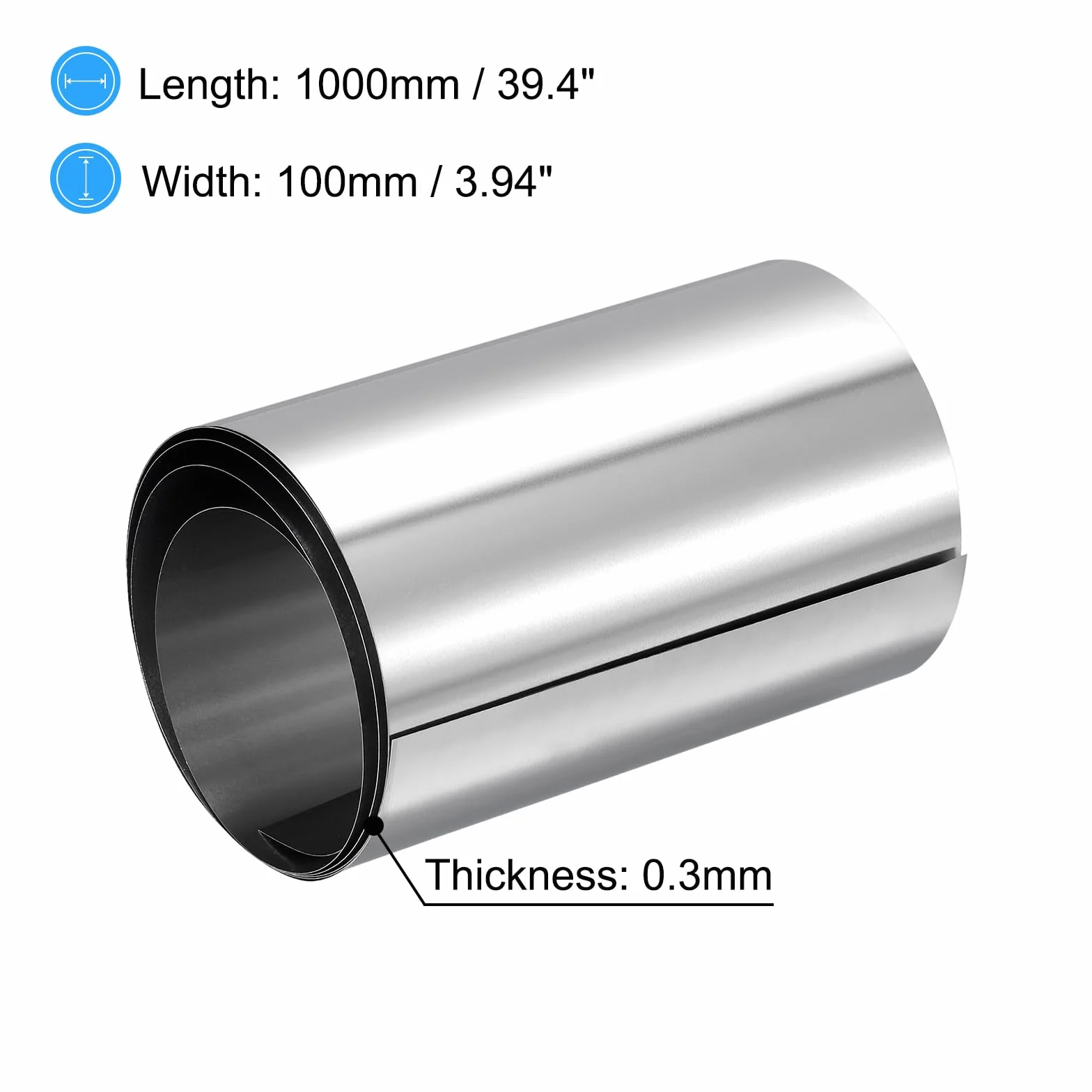 sourcing map Folia ze stali nierdzewnej 304 rolka 0,3 mm x 100 mm x 1 m polerowana powierzchnia metal paski płyta arkusz do rzemiosła urządzeń elektronicznych odcień srebrny