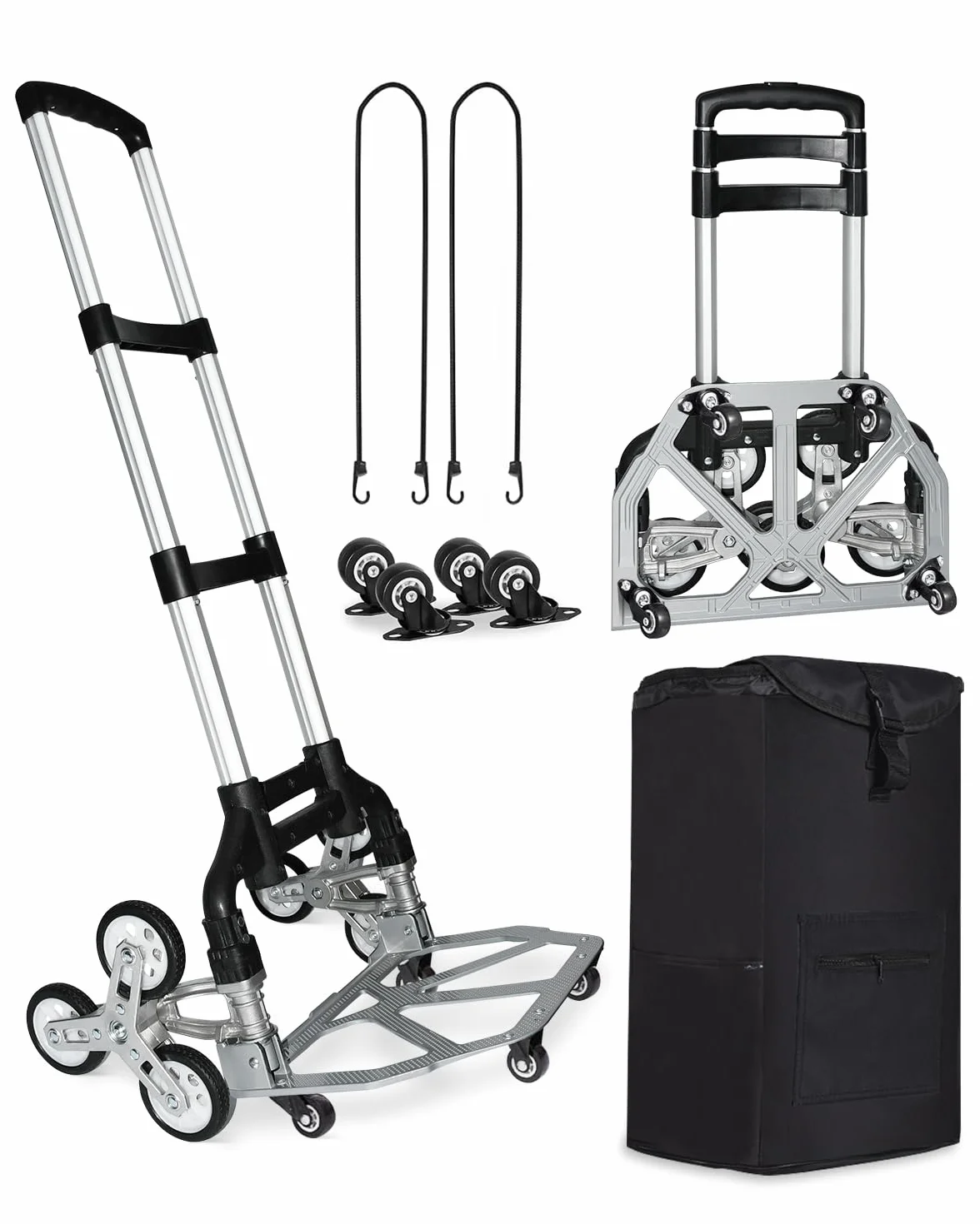 Wózek do wchodzenia po schodach, składany, z wodoszczelną torbą, regulowany uchwyt, aluminiowy wózek transportowy, do 125 kg, ulepszony, składany wózek schodowy o 360°, uniwersalny, cztery małe