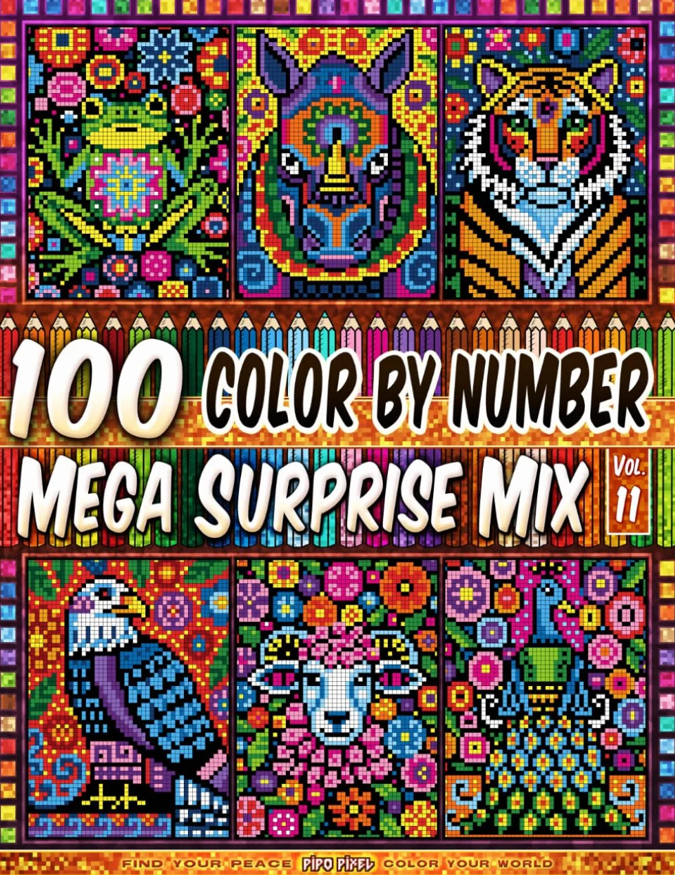100 Color by Number - Mega Surprise Mix - Vol. 11: 100 Designs in Pixel Art - Charming Folk Animal Patterns With Nature Motifs